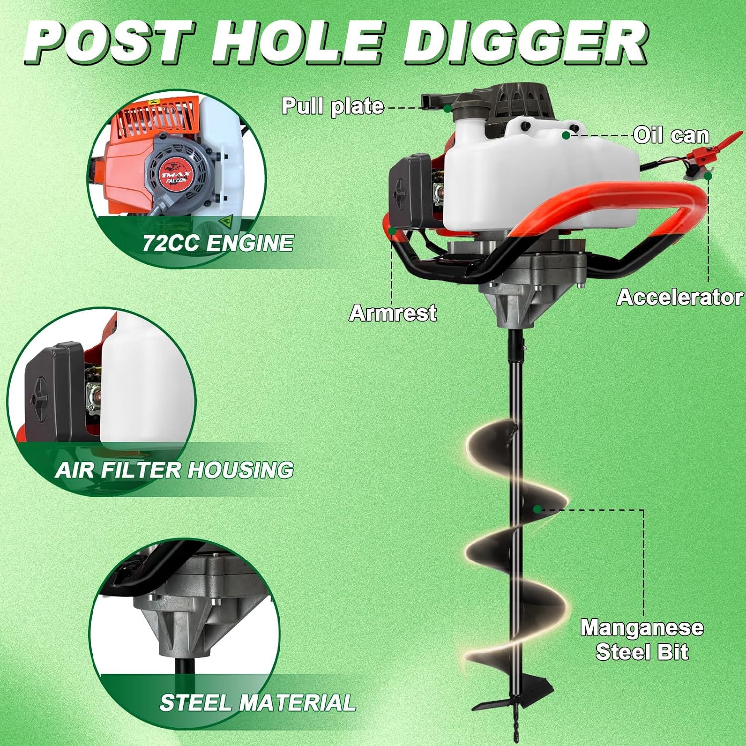 72CC Auger Post Hole Digger, 2 Stroke Gas Powered Earth Post Hole Digger with 3 Auger Drill Bits(4" & 6"& 8") + 3 Extension Rods (8"& 12"& 20") for Farm Garden Plant