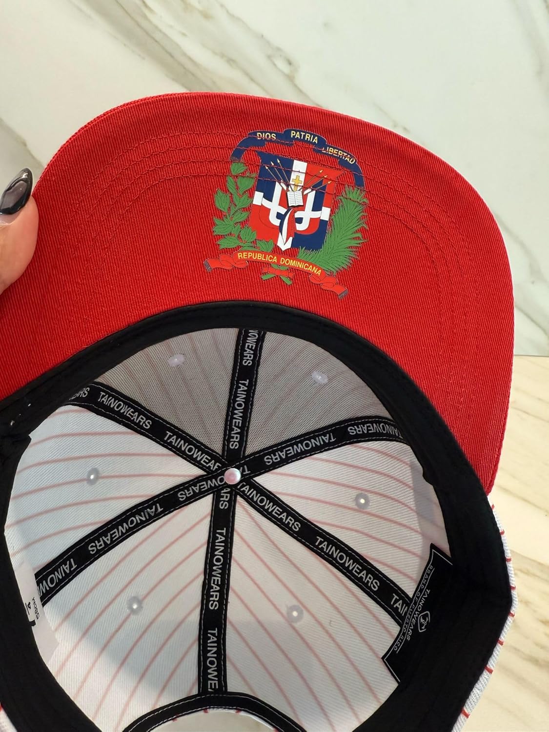 Dominican Republic Snapback Hat – Coat of Arms Red and White Flatbill Cap with DR Embroidery | Adjustable Pinstripe Baseball Unisex Cap