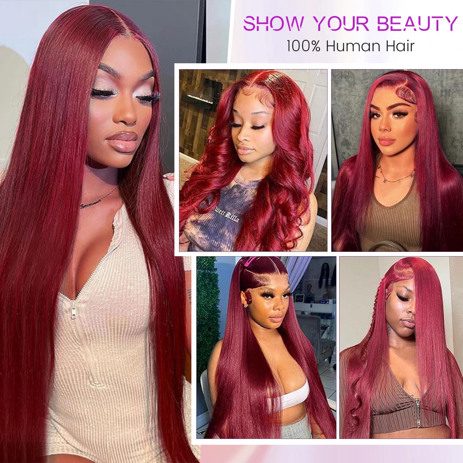 99j Borgonha Lace Front Wigs Cabelo Humano, 13x4 Cabelo Humano Liso Lace Front Wigs para Mulheres Negras Vinho Vermelho, 180 Densidade HD Transparente Avermelhado_voghion.com