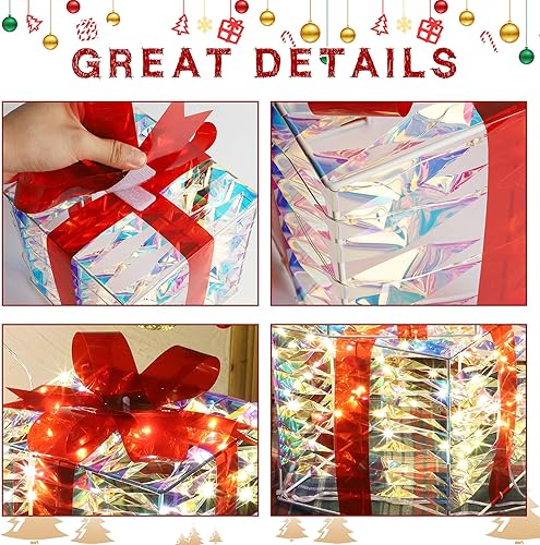 Miniatura 2 de Lulu Home Juego de 3 cajas de regalo iluminadas de Navidad, cajas de luz preiluminadas de 140 LED con lazos rojos, cajas de Navidad iluminadas con