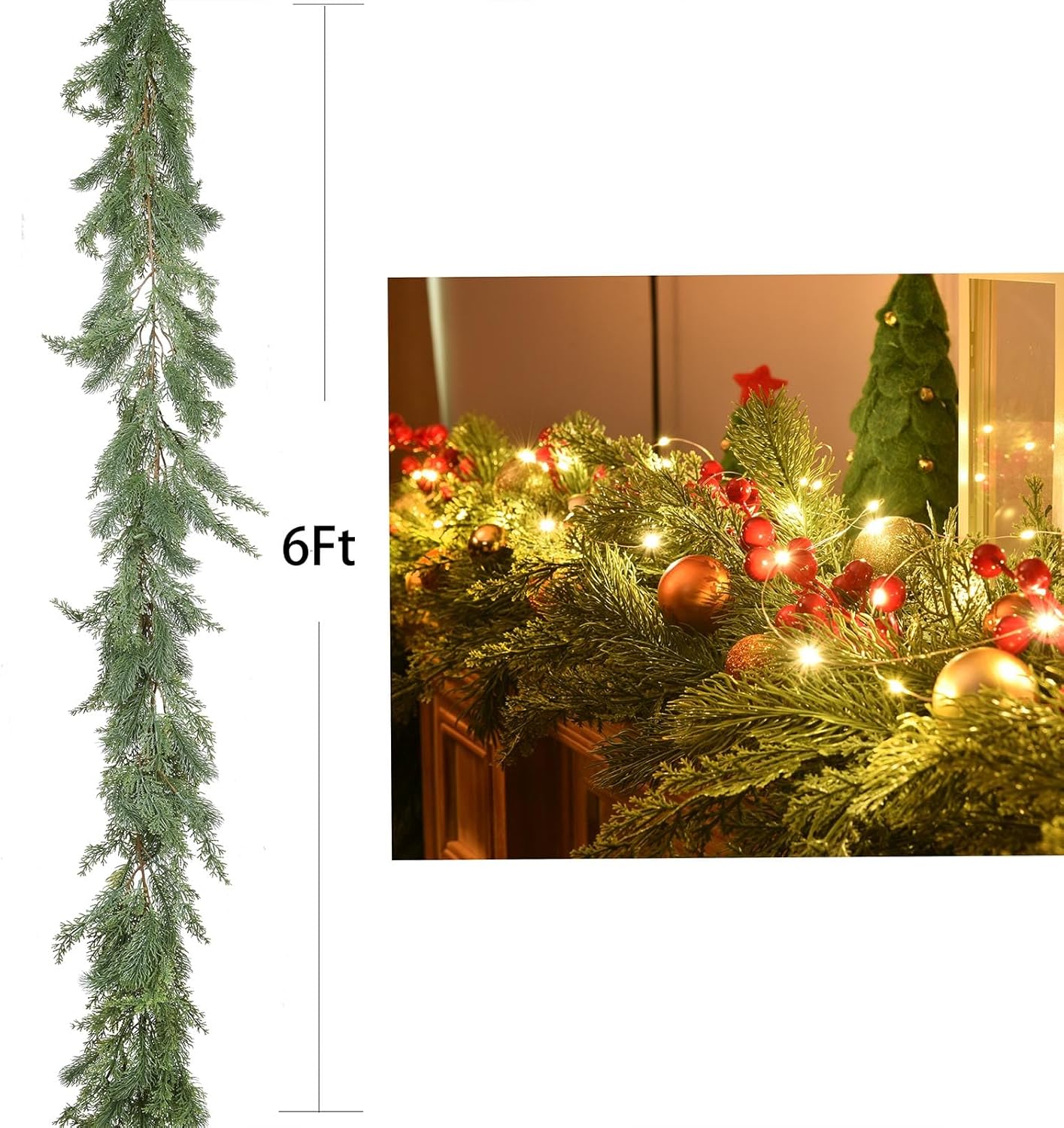 Lvydec 6ft Christmas Pine Garland Decoration, Christmas Greenery Garland Realistic Pine Needle Cypress for Holiday Mantel Fireplace Table Centerpiece - Image 7