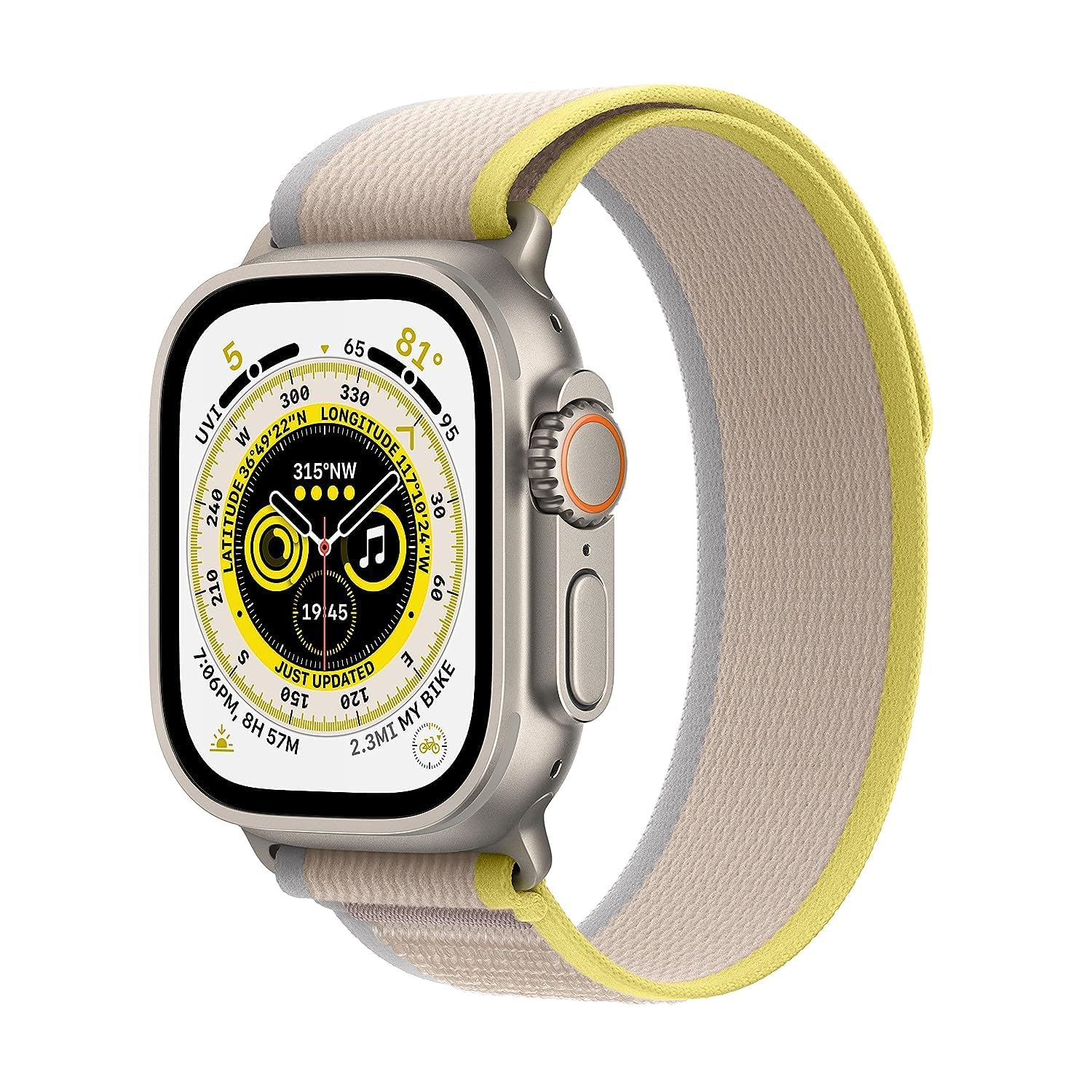 Apple Watch Ultra (GPS +Cellular, 49mm) Smart watch - Titanium Case with Yellow/Beige Trail Loop - M/L. Fitness Tracker, Precision GPS, Action Button, Extra-Long Battery Life, Brighter Retina Display