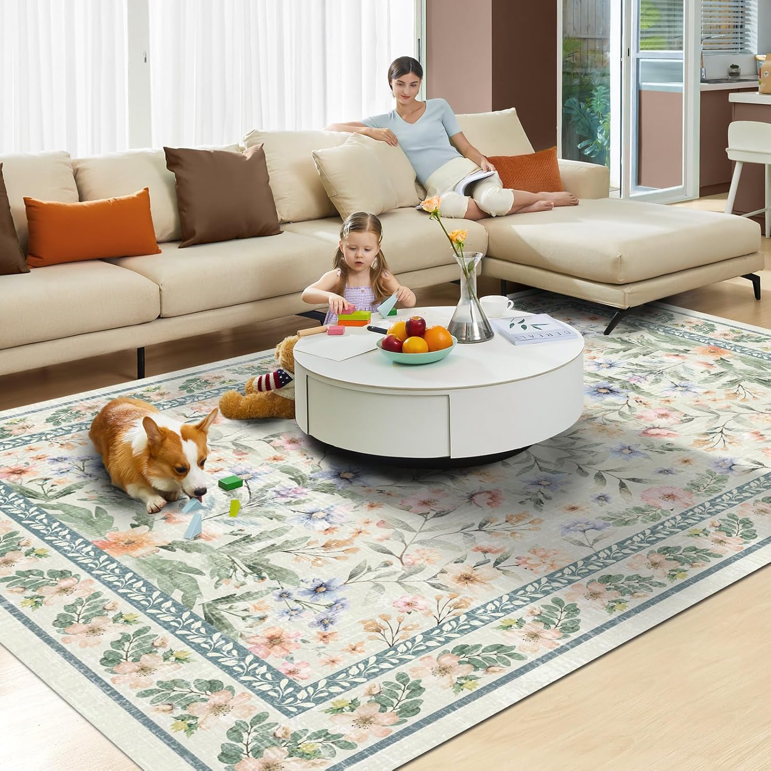 Washable Floral Area Rug 5'×7' Beige Green Pink Boho Large Living Room Rug Non-Slip Soft Colorful Oriental Vintage Bedroom Carpet Dining Room Nursery Home Office Indoor Decor