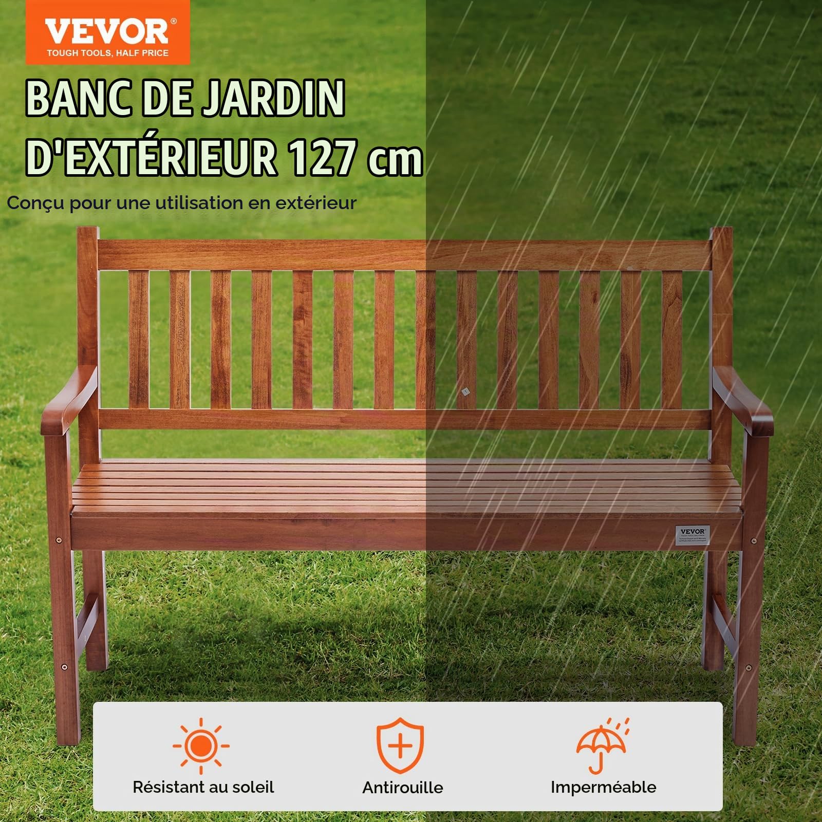 VEVOR Banc d'extérieur, 127 cm, Banquette de Jardin en Bois pour l'extérieur, jusqu'à 363 kg de Charge, Banc de Jardin extérieur avec Dossier et accoudoirs, Banc de terrasse pour Jardin, Parc, Cour