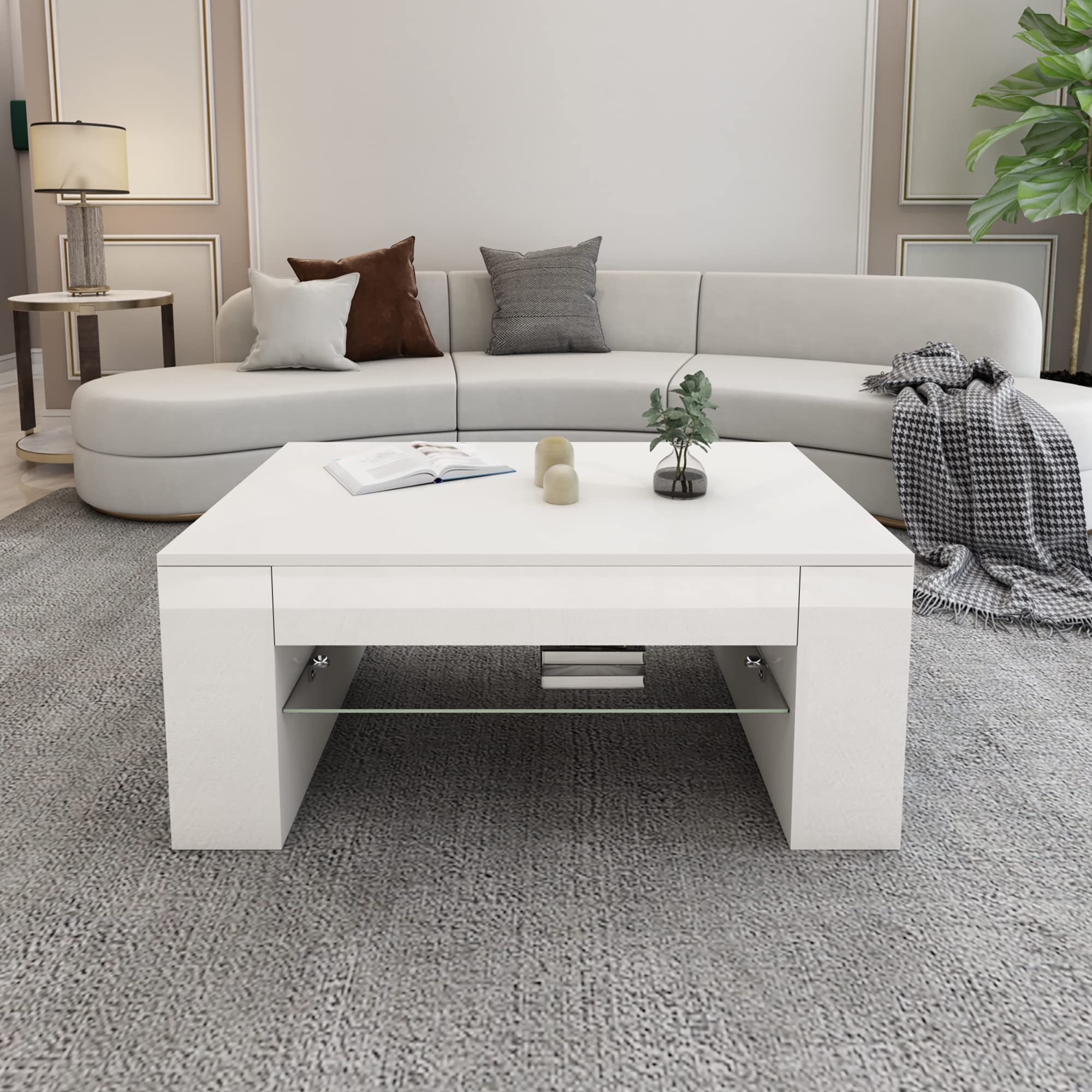 ML-Design Mesa de Centro y Estante de Almacenamiento 100 x 42 x 60 cm Revestido Blanco con Balda de Vidrio y 4 Compartimentos Laterales Elegante Mesita de Café Rectangular para Salón