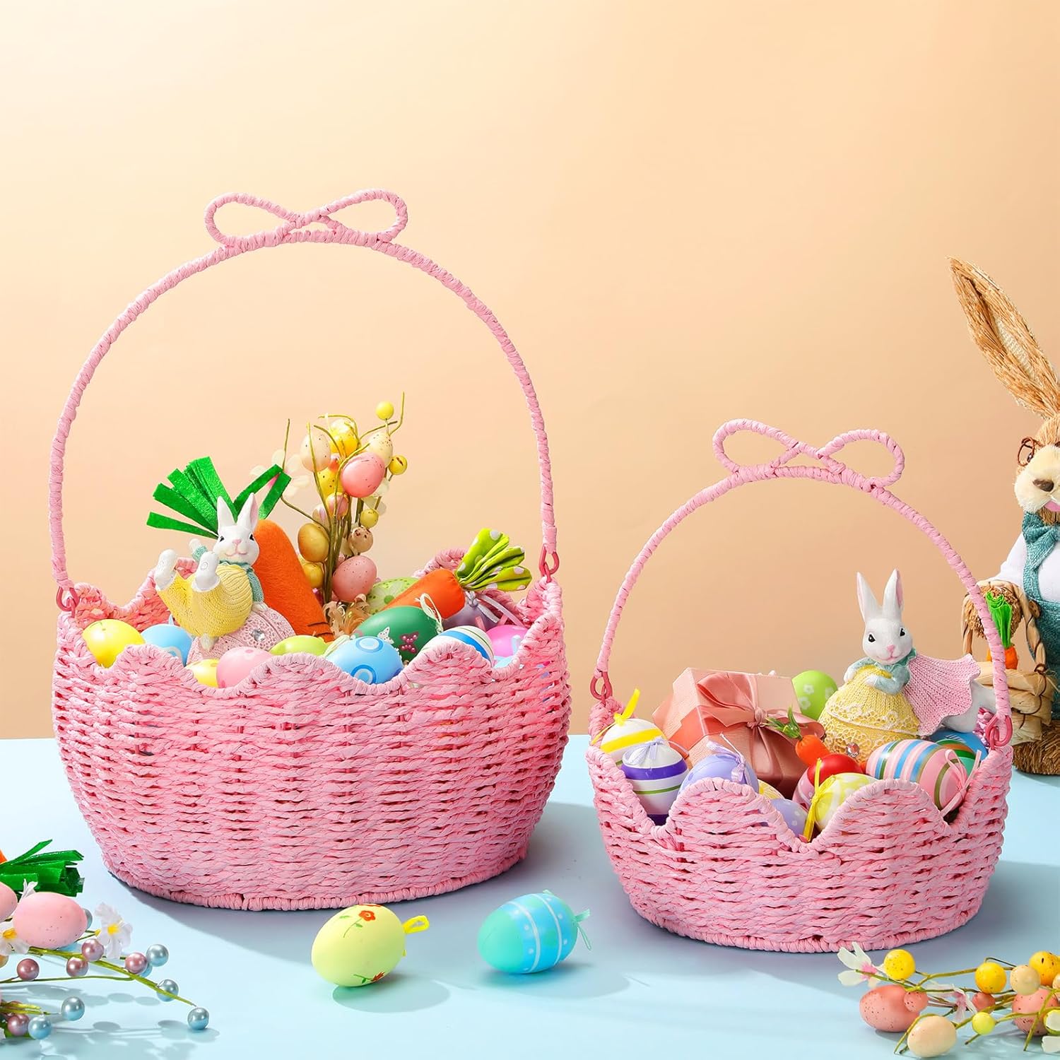 FoldTier 2 Pcs Pink Easter Gift Basket Empty with Handle Woven Paper Rope Easter Basket for Gifting, Storage, Gathering, Foraging, Garden Trug, Decoration Large & Medium, 12” x 10” x 6”, 10” x 8” x 4”