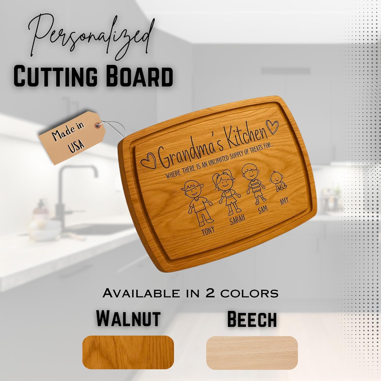 Personalized Cutting Board for Grandma with Family Icons - Custom Engraved Wooden Mother’s Day Gift from Grandkids - Nana Keepsake Kitchen Decor & Serving Tray