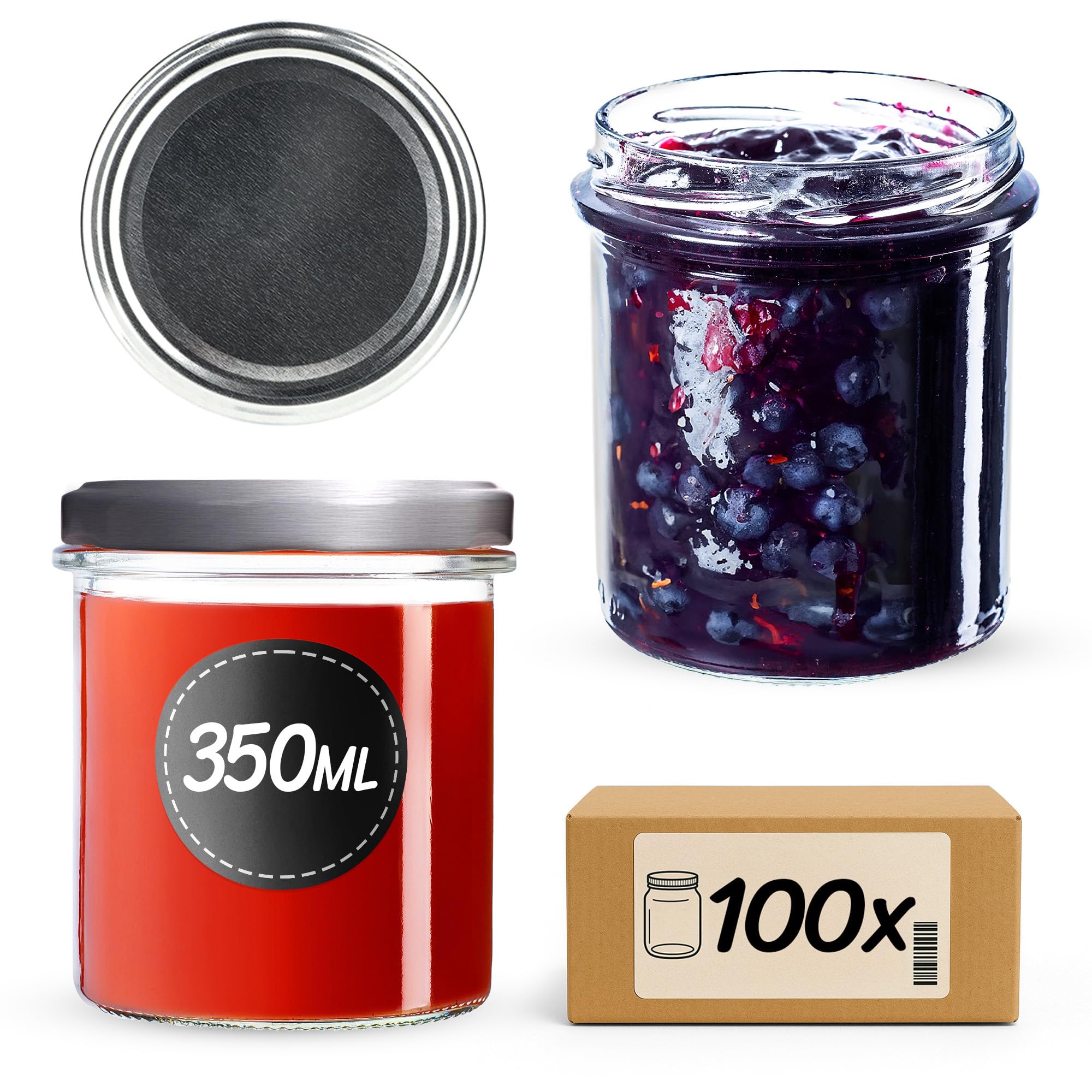 KADAX Lot de 100 bocaux en verre 350ml Ø82 à pois rouges – Couvercle Twist-Off hermétique TO82 – Pour confitures, conserves, cornichons, miel & fermentation