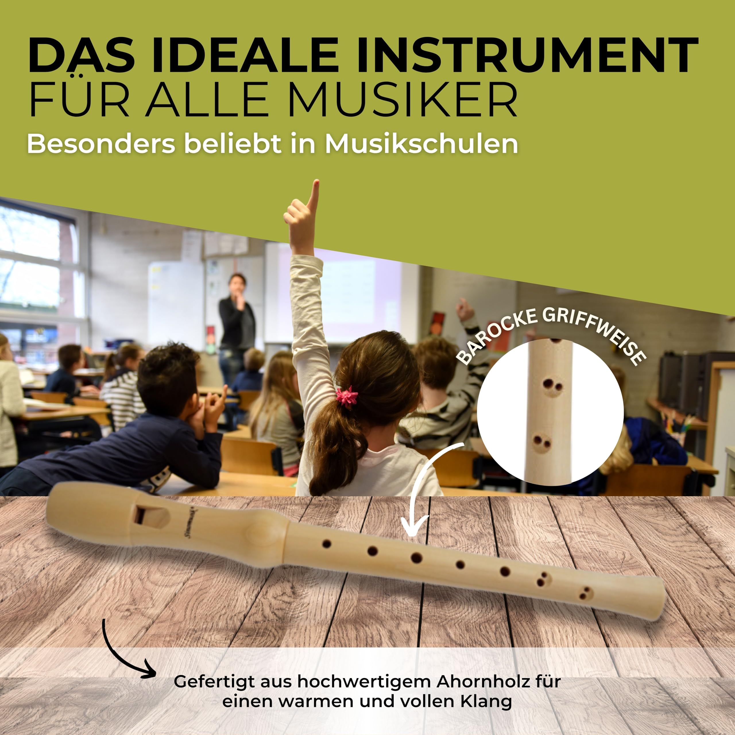 HeroMusics Blockflöte für Kinder aus Holz - Flöte mit Barocker Griffweise - 8-Loch Flöte für Erwachsene - Sopranblockflöte aus Premium Ahornholz - Blockflötenset mit Reinigungsset & Etui