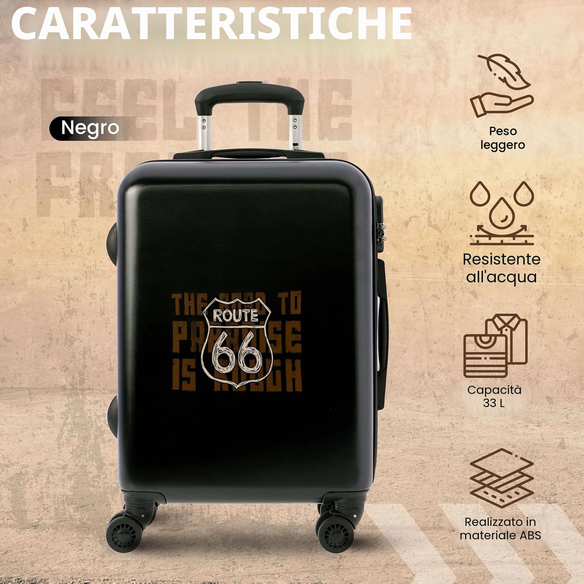 Route 66 – Trolley bagaglio a mano 55x40x20 (Espandibile) – 33L - Valigia Bagaglio a mano Ryanair – Valigia Media Rigida – Trolley Cabina Piccolo