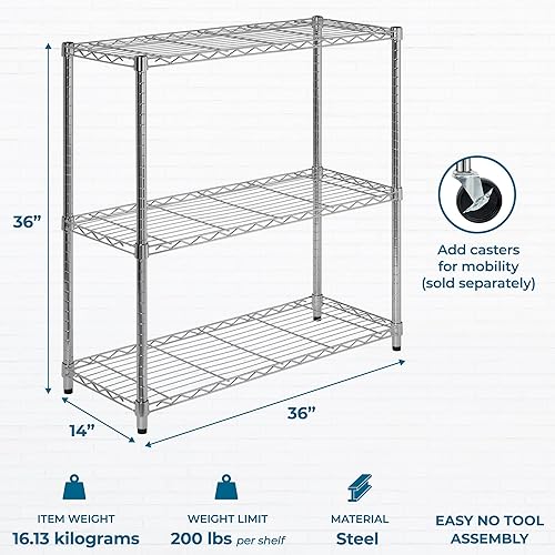 Miniatura 3 de Honey-Can-Do Estantería ajustable resistente de 3 niveles con capacidad de 200 libras, Estantería de acero cromado SHF-09367, Estanterías