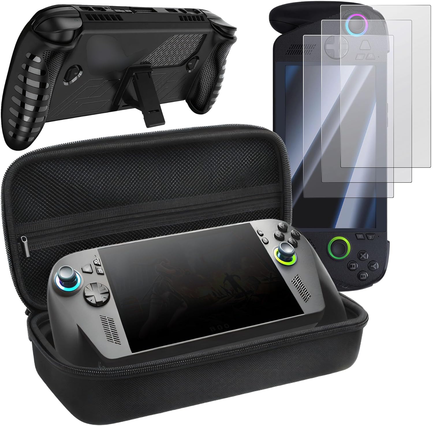 Carrying Case 3 Set Compatible with ASUS ROG Xbox Ally X/ROG Xbox Ally (2025), PU Carrying Case & Transparent Silicone Protective Cover & 3 Pack Screen Protector (Black)