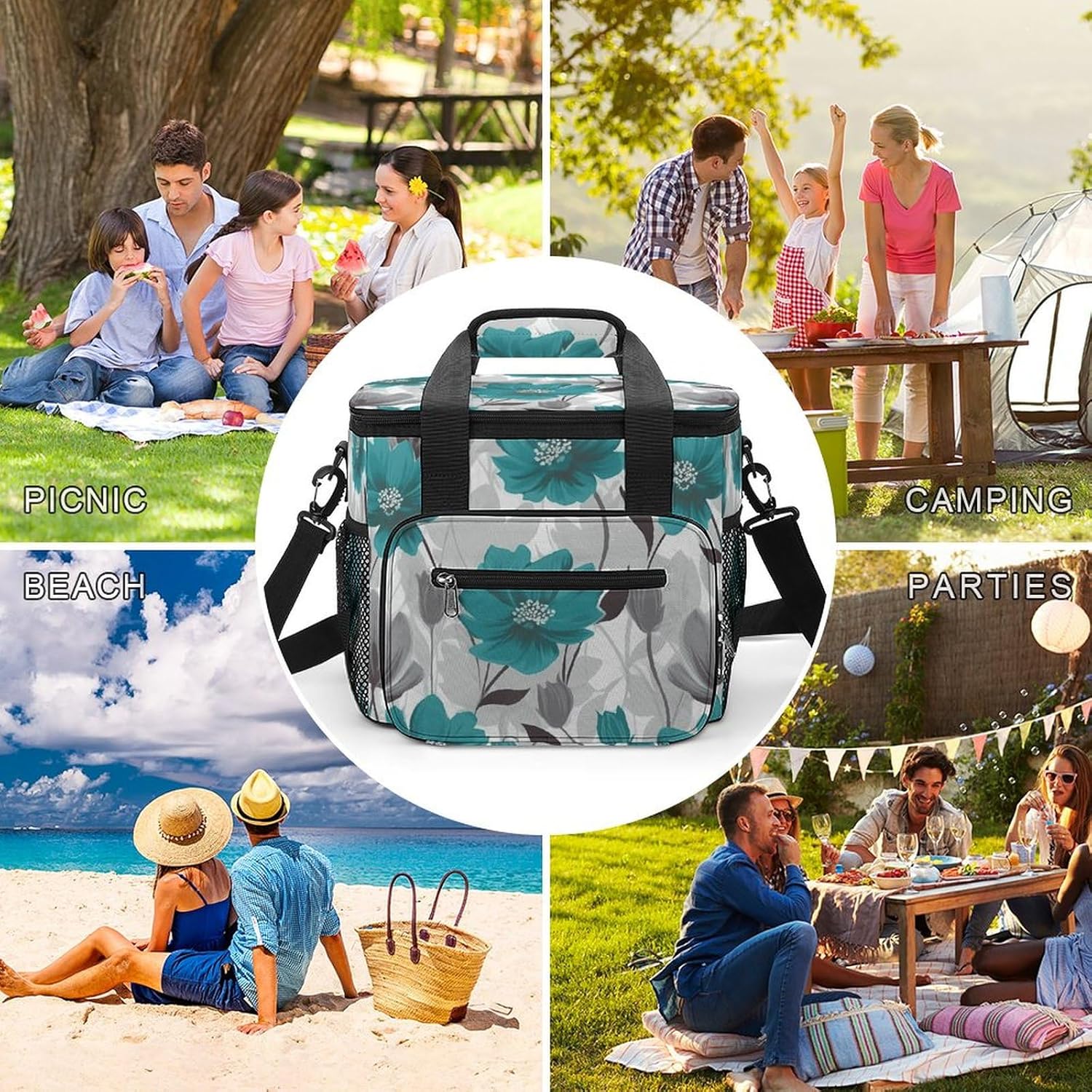 Large-Capacity Oxford Cloth Teal Grey and White Floral Printed Camping Ice Bag, Outdoor Portable Insulation and Cold Storage Bag, Enjoy A Cool Camping Time