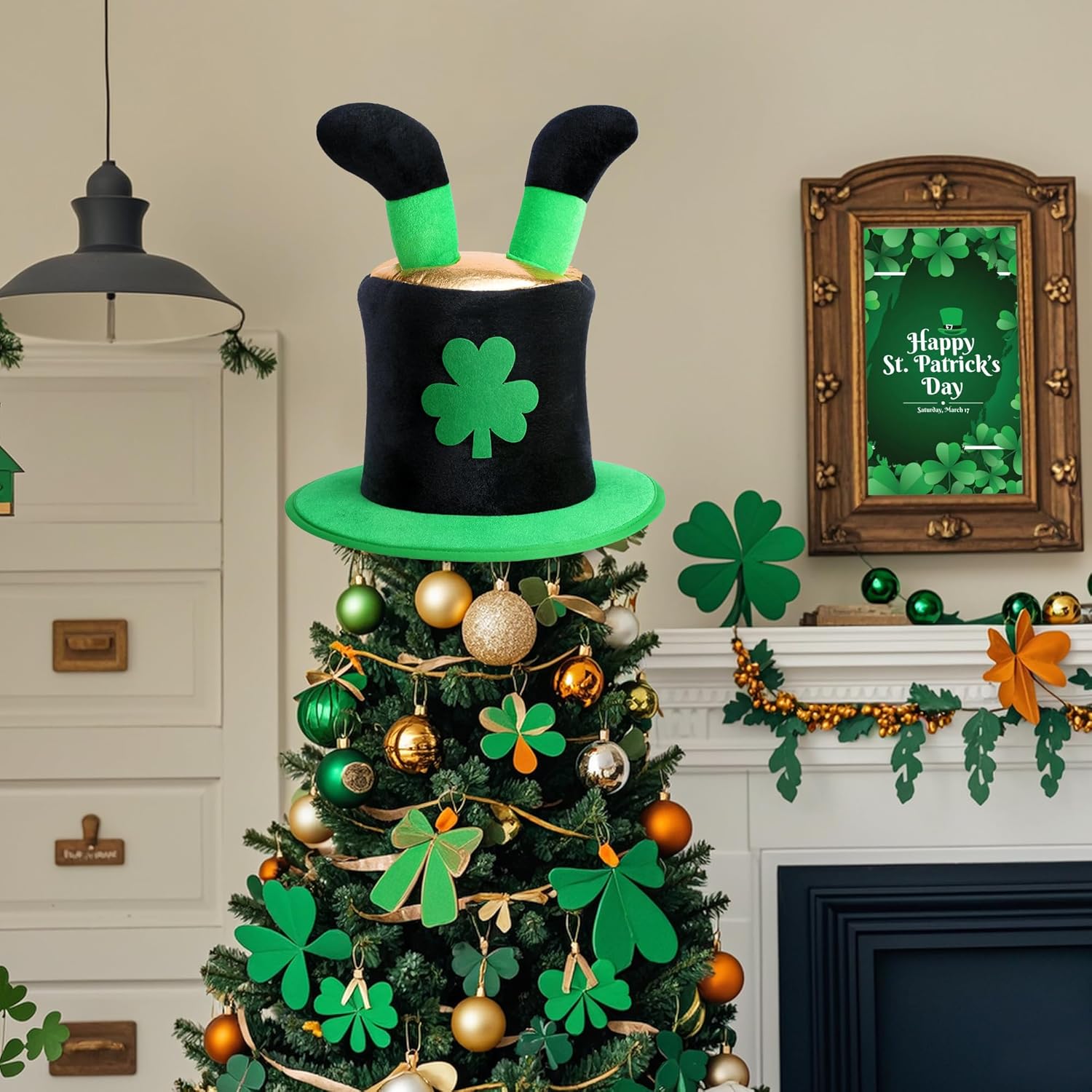 codree St. Patrick Day Tree Topper Hat, St. Patrick's Elf Legs Velvet Hat Tree Topper, Irish Green Shamrock Top Hat Tree Decoration for St. Patrick's Day Holiday Home Party Decor Fancy Dress Costume - Image 5