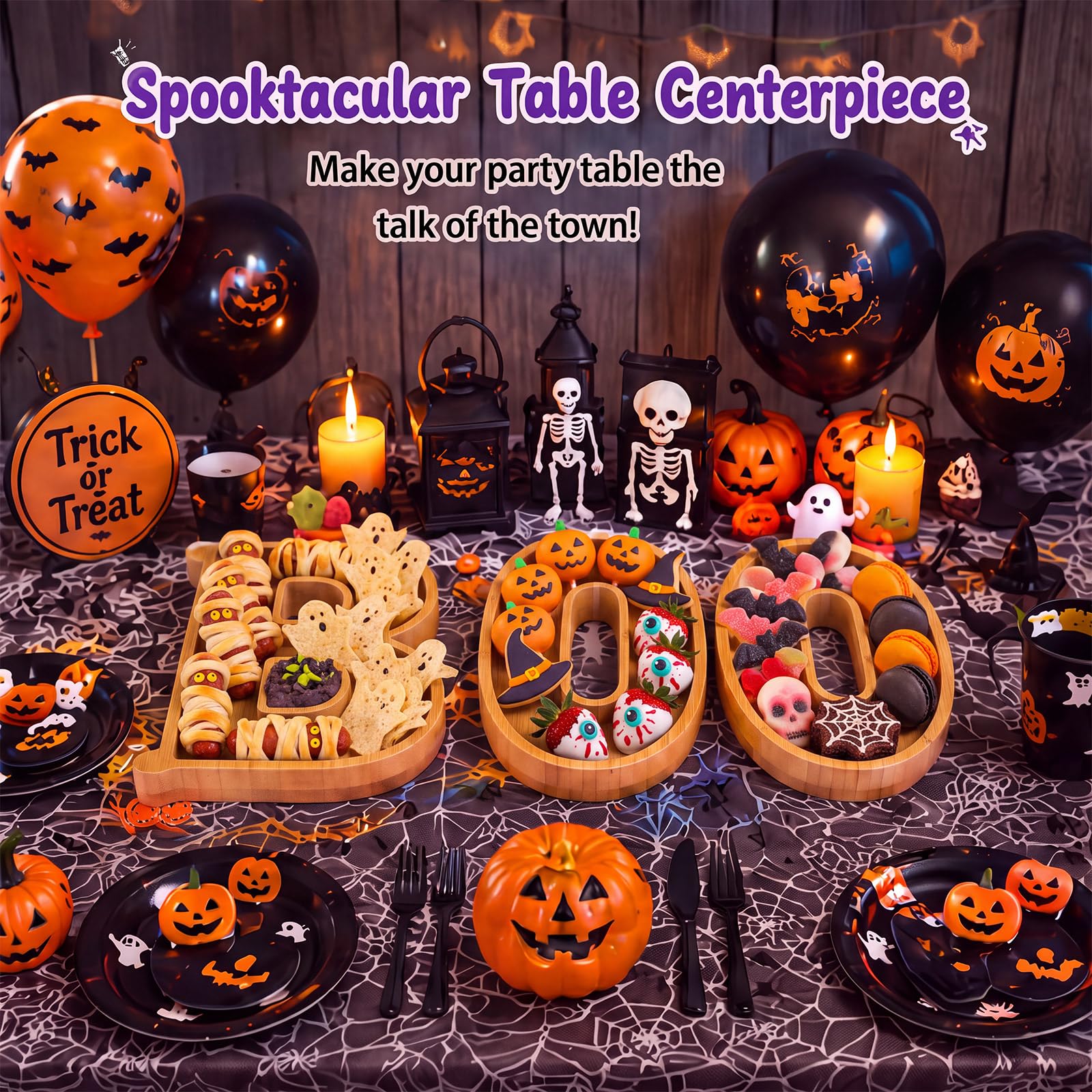 Havawish 28 pezzi Boo Bamboo Salumi Lettere riempibili Decorazioni per feste di Halloween con Happy Halloween Banner Palloncini Luci a LED Luci a spirale appese per spuntini cibo torta tavolo