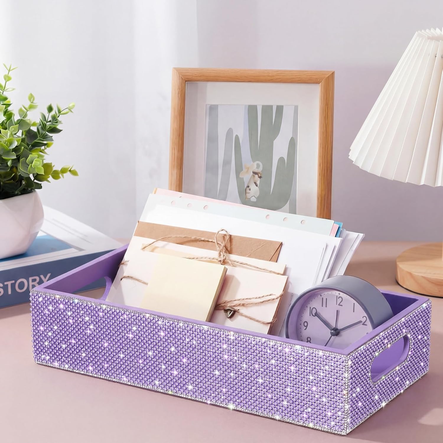 Honeydak Bling Rhinestone Purple Pearl Bathroom Basket with Handle, 13" x 6" x 3" Toilet Tank Tray, Crushed Diamond Bathroom Decor, Back of Toilet Storage Organizer, Sparkly Gifts for Women