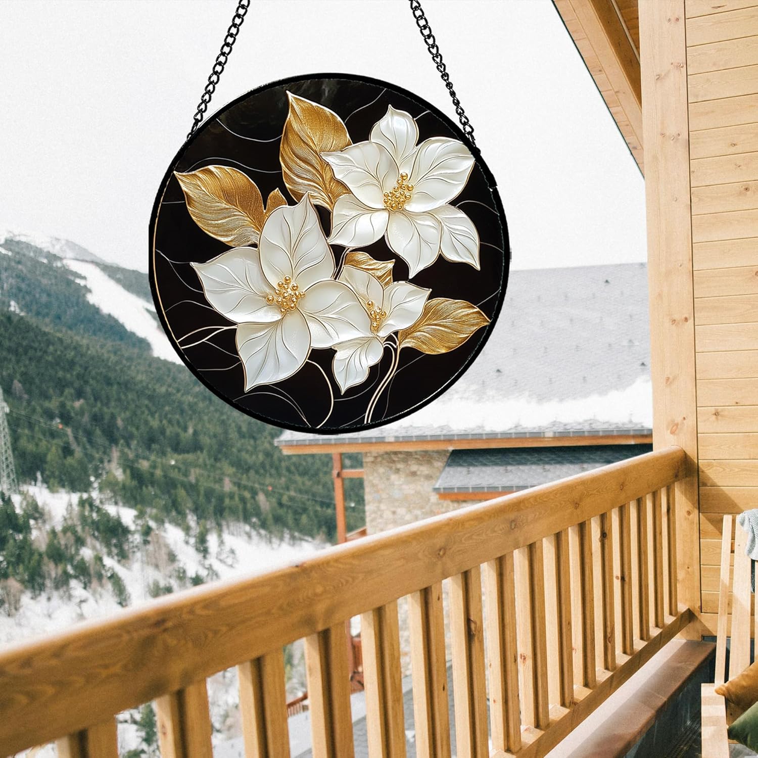 Stained Glass Window Hanging - White Flowers Gold Leaves Black Suncatcher for Door Terrace Garden Home Decor Plant Sun Catcher Birthday Gifts for Lovers Women Men Dad Mom Nana 11.8 in