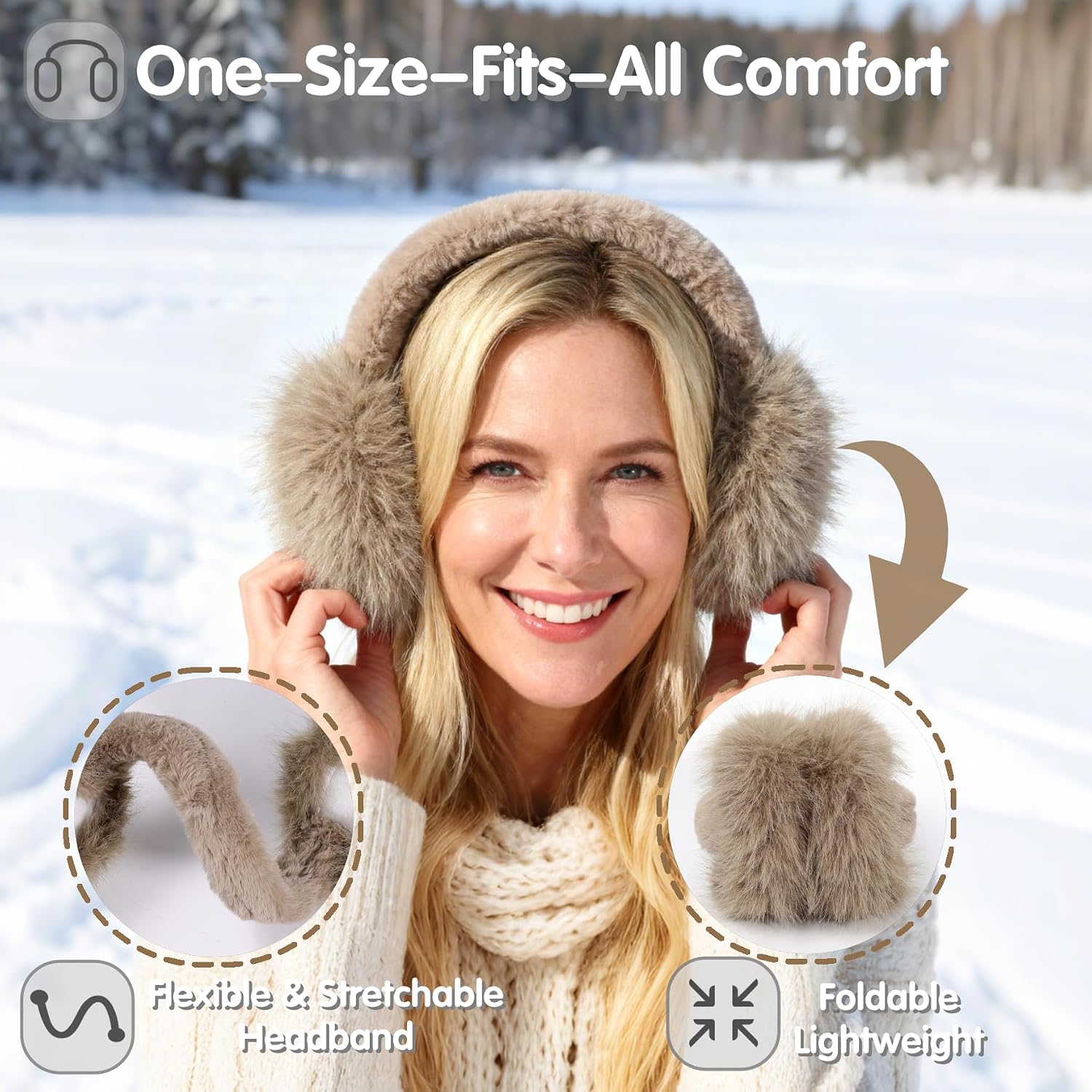 BEARAE Ear Muffs for Winter Women, M/L Foldable Fluffy Fur Earmuffs Ear Warmers Covers, Fuzzy Earmuffs for Womens Winter