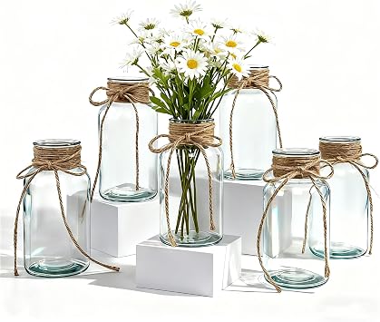 Vintage Glass Flower Vase,Vases for Farmhouse Wedding Centerpiece Cylinder Bottle,Mason Jars for Decor Floral Arrangements, Parties & Home Decor 6 PCS, Transparent