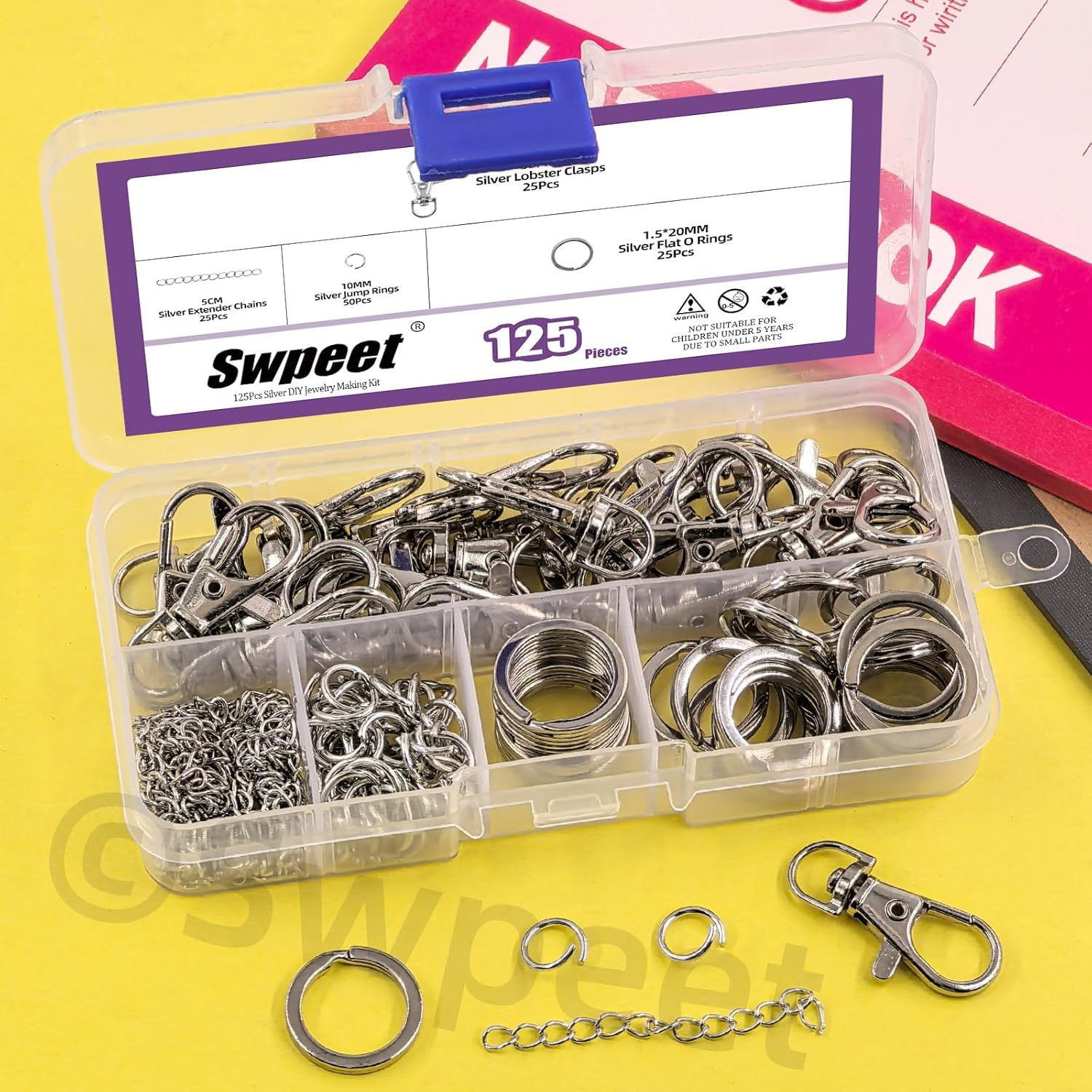 Swpeet 125Pcs Silver Keychain Making Set, 25Pcs Swivel Lanyard Snap Hook, 25Pcs Keychain Ring, 25P Extender Chains, 50P Open Jump Rings, Swivel Lobster Clasps, Keychains Clips - Image 4