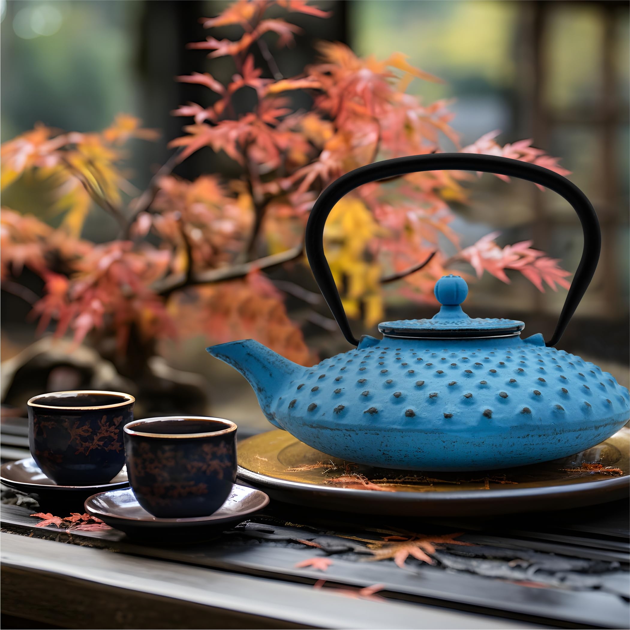 Zen Minded Théière Traditionnelle Japonaise En Fonte Tetsubin Avec Filtre à Feuilles Mobiles En Acier Inoxydable Pour Thé Vert Et Infusions - 800 Ml Motif Kambin Bleu