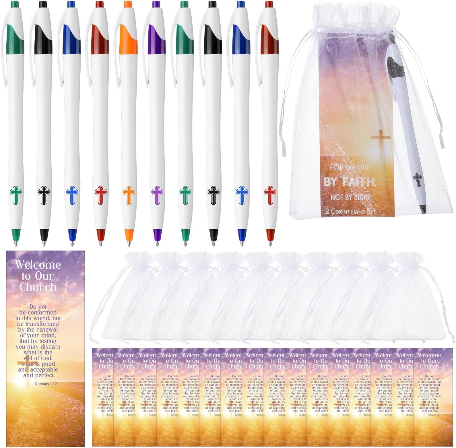 Roowest 36 Set Church Welcome Gifts Bulk Christian Cross Pens Welcome to Our Church Cards Religious Pens with Gift Bags for Visitors Prayers Baptism Party Favors