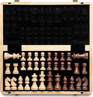 A&A 15" Wooden Chess Set/Folding Board / 3" King Height German Knight Staunton Chess Pieces/Beech Box w/Maple & Walnut Inlay / 2 Extra Queens