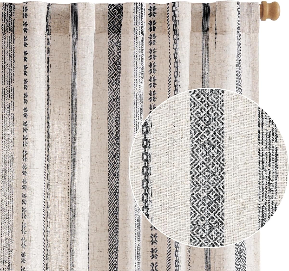Boho Linen Light Filtering Curtains 84 Inches Long 2 Panels | Black on Linen Geometric Printed Semi Sheer Drapes for Bedroom Living Room Back Tab Rod Pocket Farmhouse Window Treatments