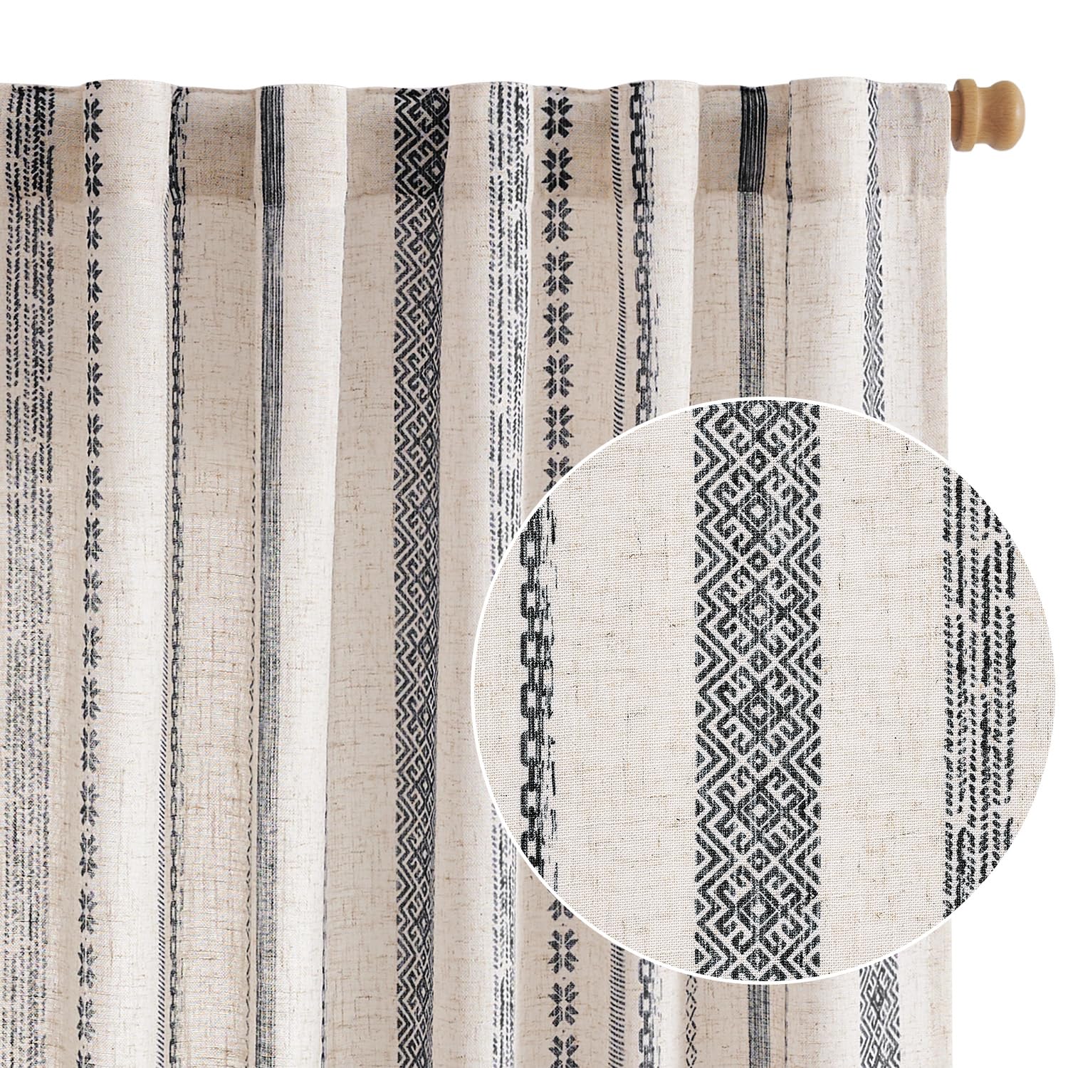 jinchan Linen Blend Boho Curtains for Living Room, 96 Inch Long Black Printed on Beige Retro Farmhouse Bohemian Geometric Striped Drapes, Light