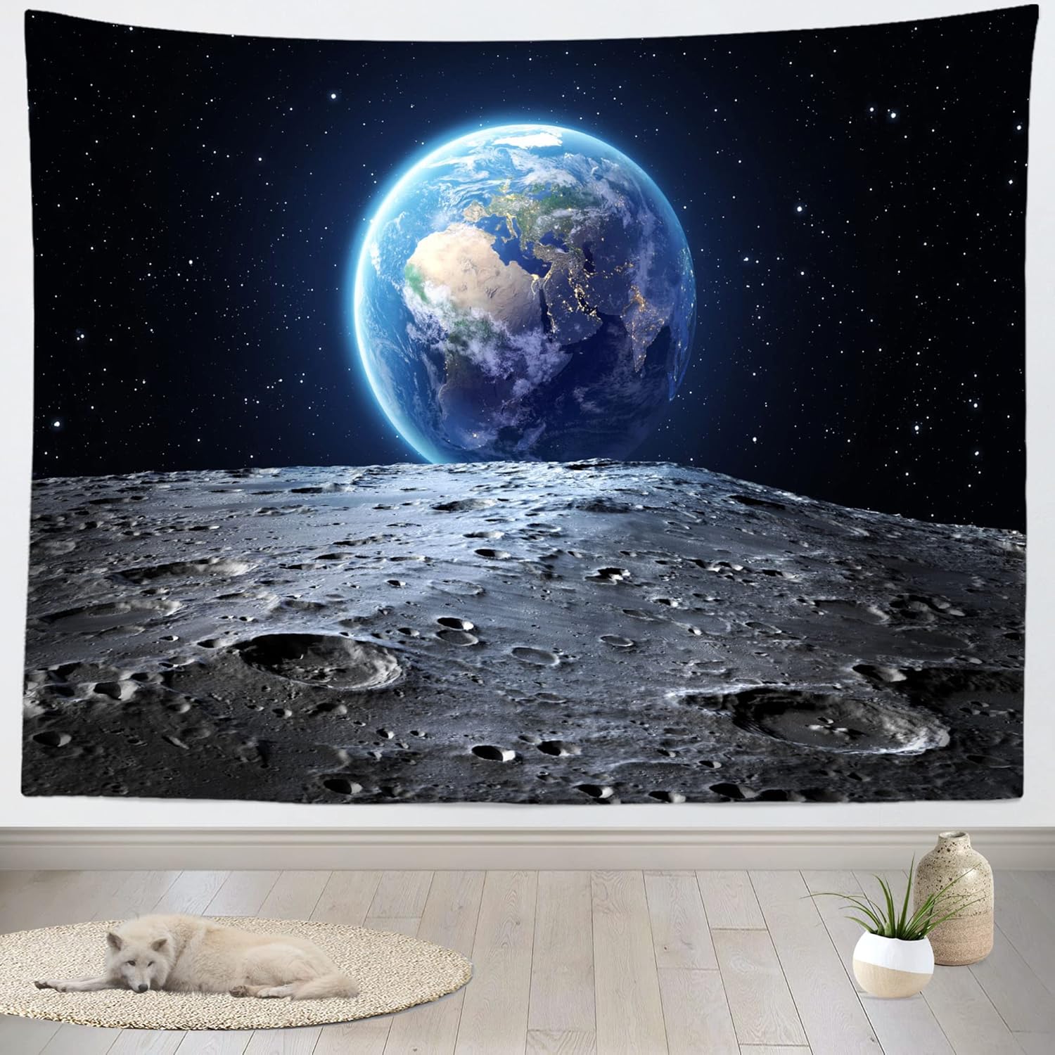 Loccor Galaxy Tapestry Space Wall Tapestry View of Blue Earth from the Moon Surface Furnished by NASA Tapestries Planet Stars Out Space Party Backdrop for Bedroom Living Room Dorm Decor 120x80 Inches