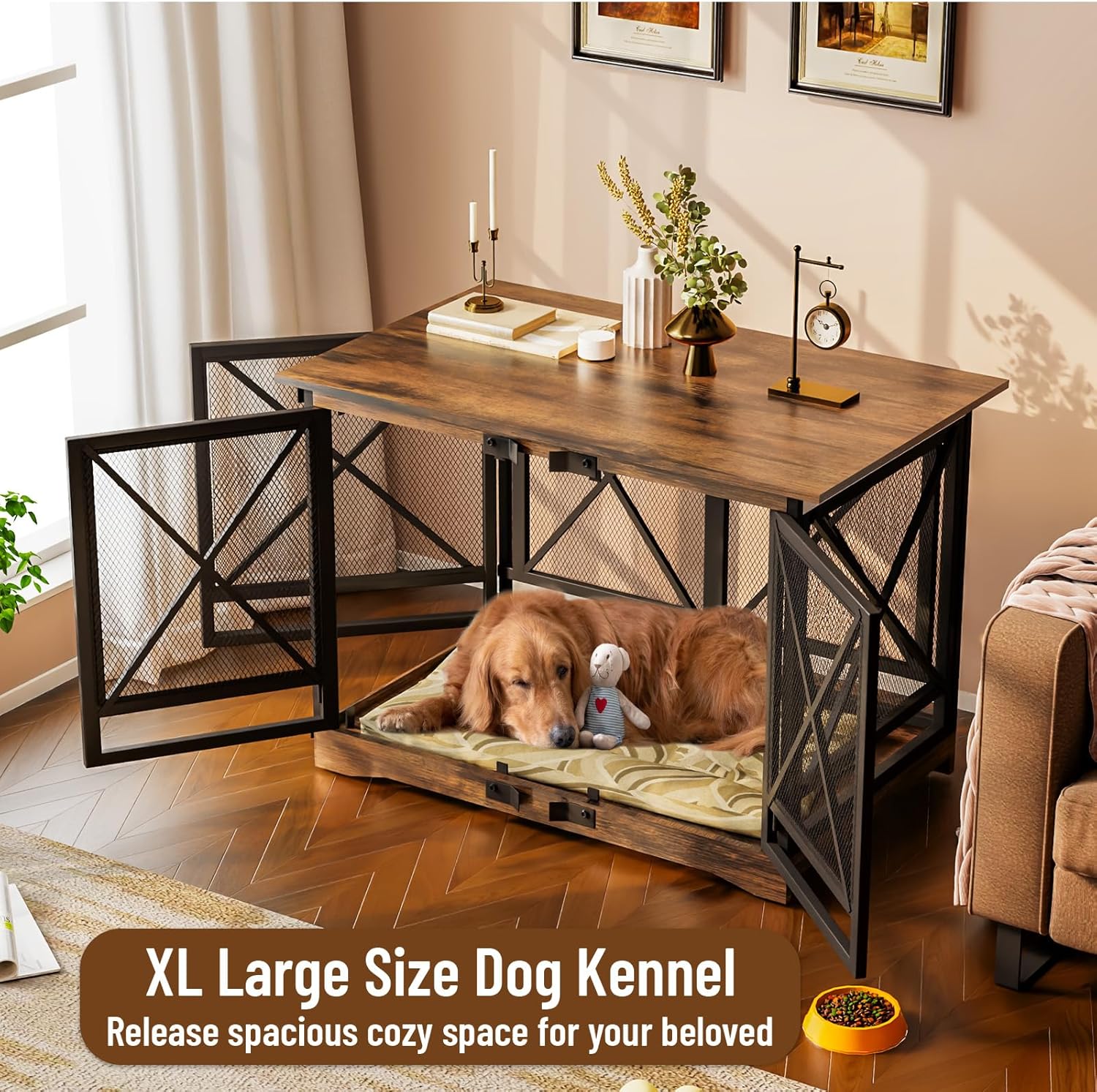 A Golden Retriever comfortably lying inside the COZPAW Large Dog Crate Furniture with doors open, showing ample space.