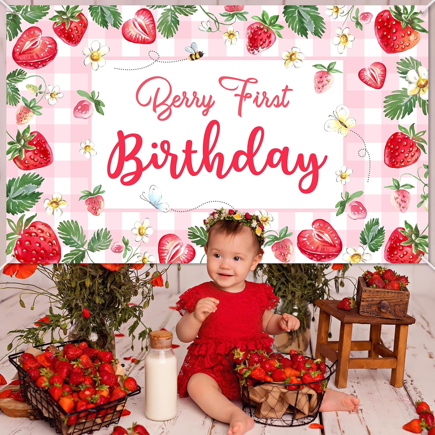 Avezano Berry First Birthday Banner Strawberry 1st Birthday Decorations Berry First Birthday Backdrop for Girls Strawberry Sweet One Birthday Party Supplies 70.8 x 43.3 Inch - Image 3
