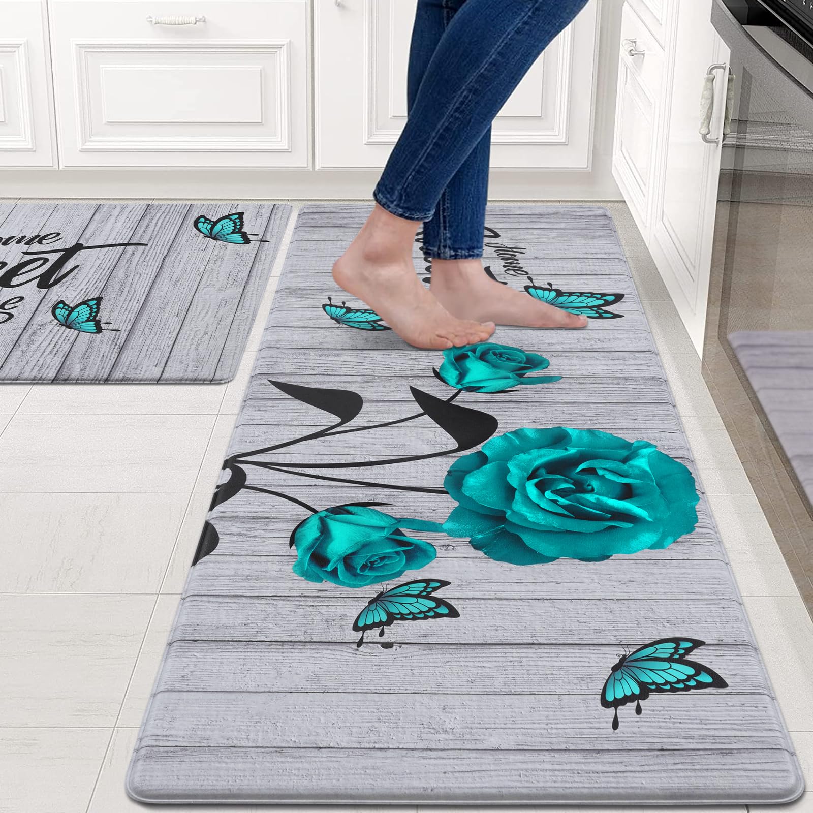 IkfashoniKitchen Rug for Floor Sets of 2, Floral Kitchen Mat Anti Fatigue Non Slip,Waterproof Comfortable Farmhouse Kitchen Mat for Standing in Front of Sink，Grey Teal Rugs Decor……