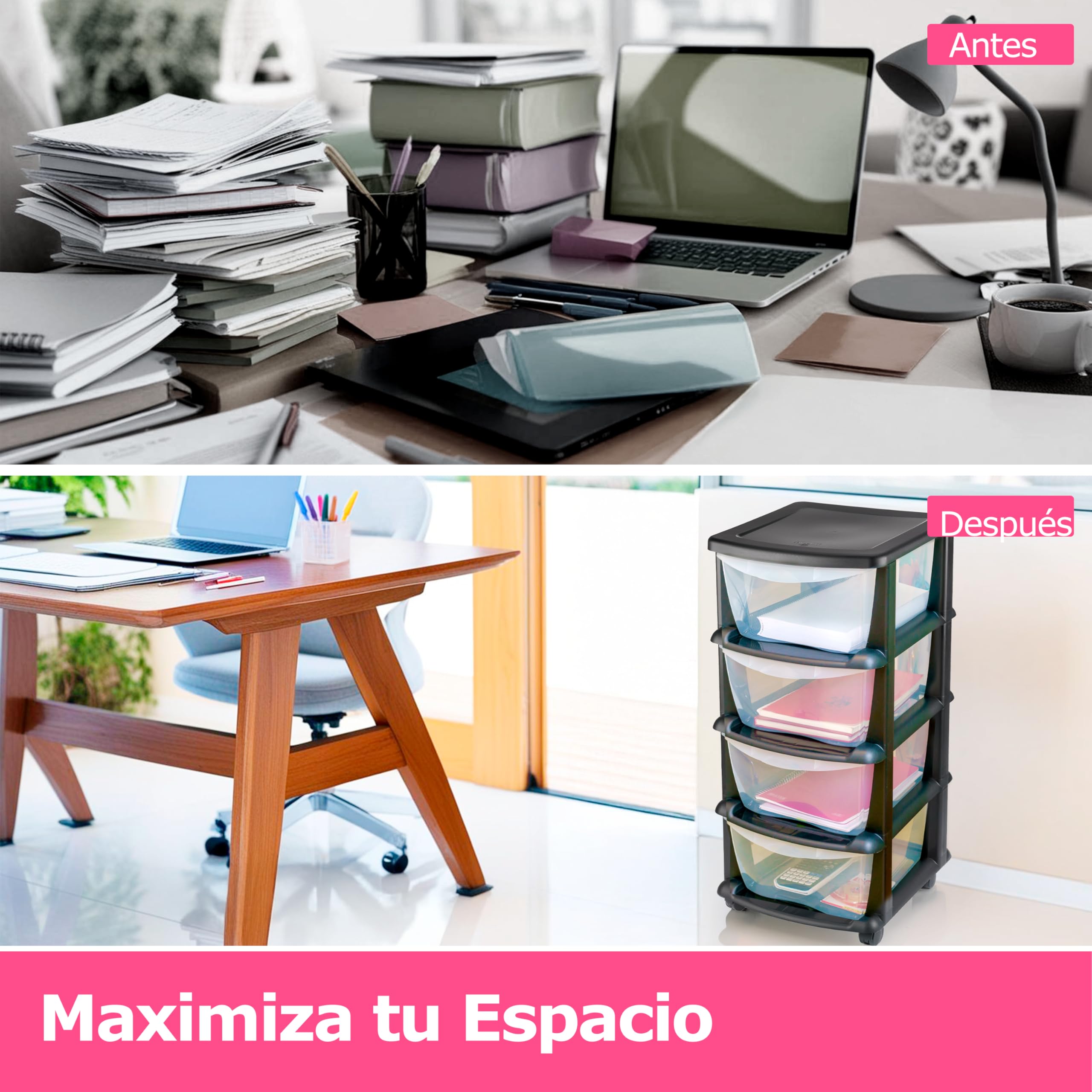 Mueble almacenaje Plastico torre cajonera organizador cajones con ruedas archivador - Escritorio,Oficina, escuela,baño, sala de estar - Hecho en E.U (4 Cajones)