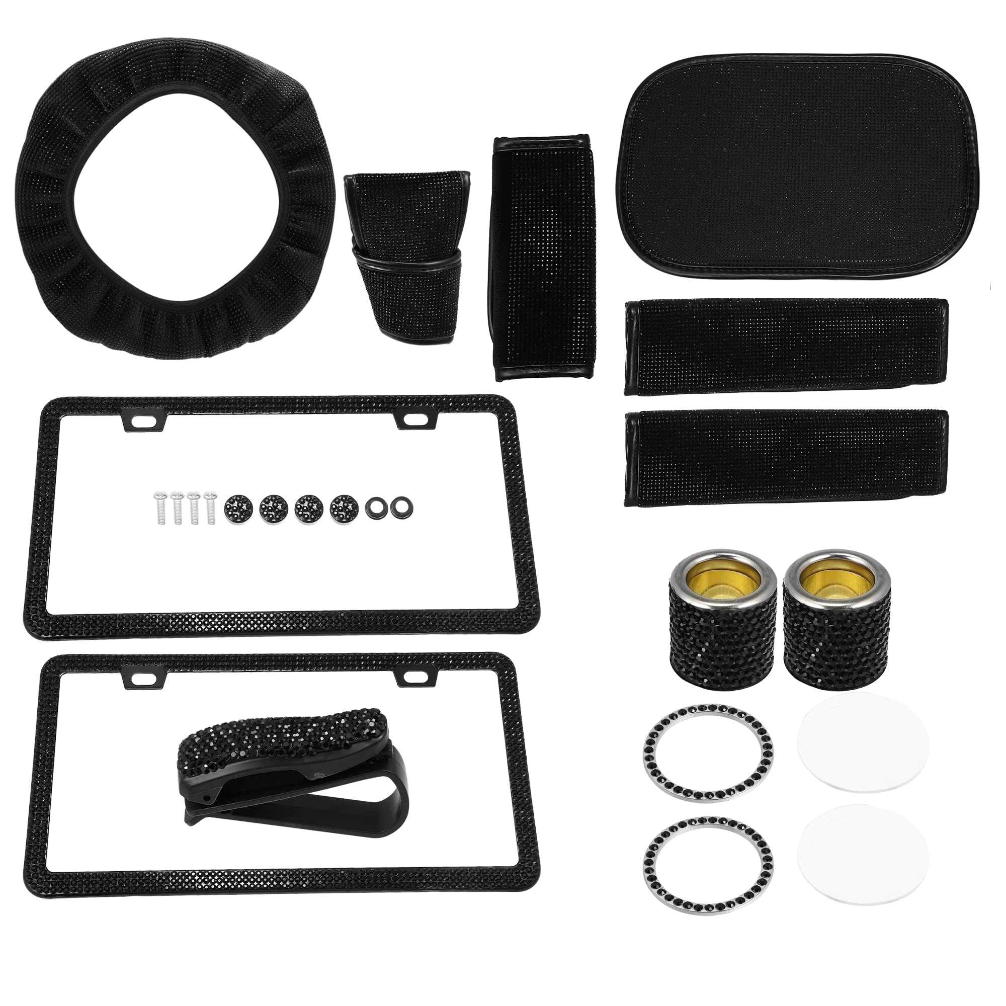 Photo 1 of Motoforti Universal Bling Car Interior Accessories Set for Women, Rhinestone Bling Steering Wheel Cover for 15 Inch, License Plate Frames Seat Belt Cover, PVC Rhinestone, Black, 13Pcs