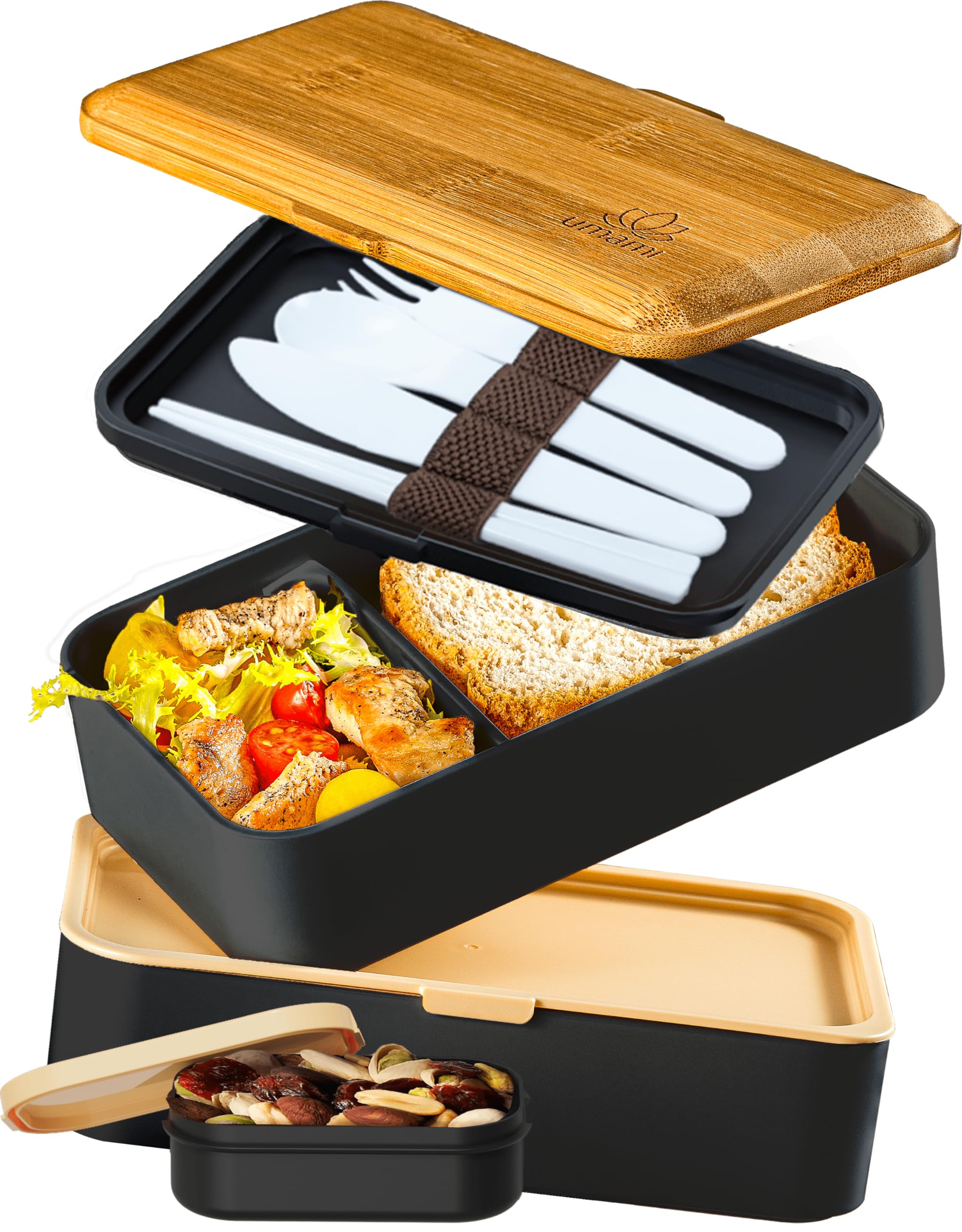 Umami Porta Pranzo 1,2L, Lunch Box Ermetico con 4 Scomparti e Posate, Sicuro per Microonde, Portapranzo Ufficio, Bento Lunchbox Prova di Perdite per Adulti, Schiscetta Pranzo, Nero E Marrone, 1200 ml