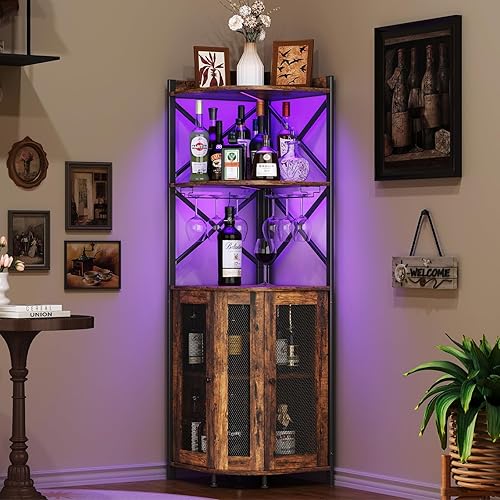 JKsmart Armario de barra esquinera con luces LED, gabinete de vino industrial de 5 niveles con soporte para vidrio, gabinete de bar de vinos con