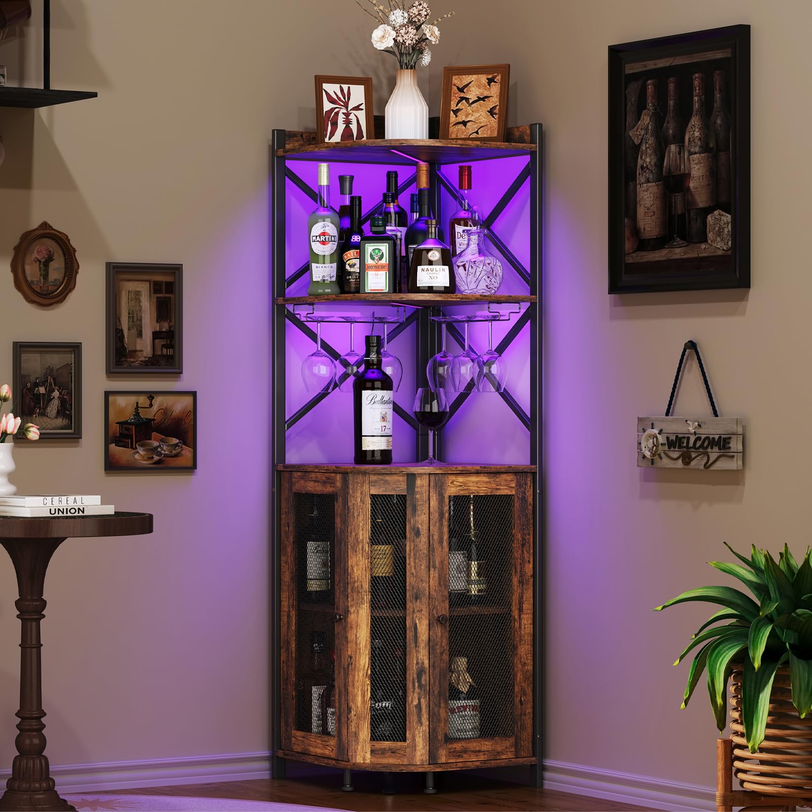 JKsmart Corner Bar Cabinet with LED Lights, 5-Tier Industrial Wine Bar Cabinet with Glass Holder, Farmhouse Liquor Cabinets with Shelf and Door, Home Bar for Coffee Bars, Rustic Brown