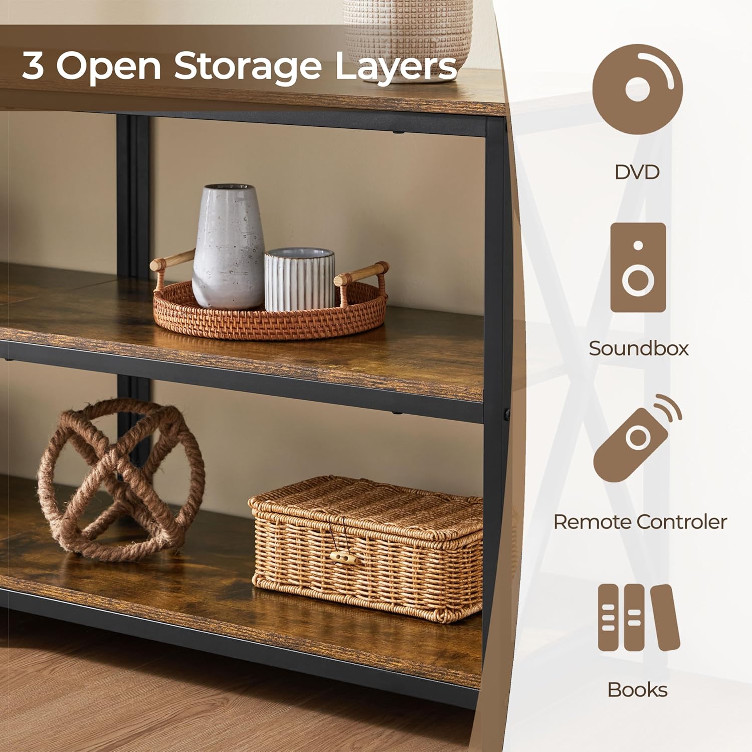 Close-up of the console table's three open storage layers, showing examples of items like DVDs, a soundbox, remote control, and books.