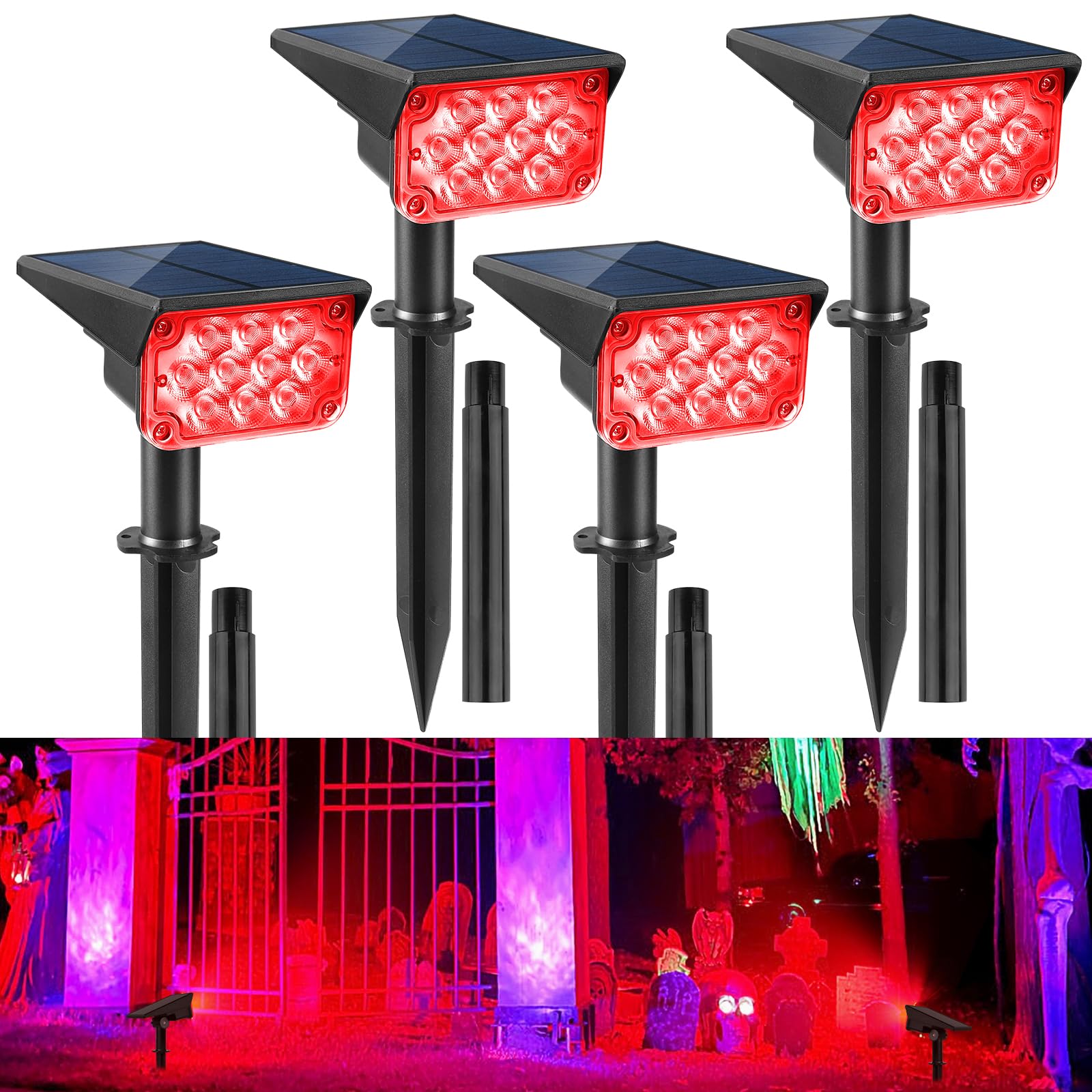 Focos solares rojos para exteriores, 20 luces LED impermeables IP65, luz solar de paisaje, focos ajustables para pared, árbol, patio, jardín, Halloween, Navidad, iluminación, paquete de 4