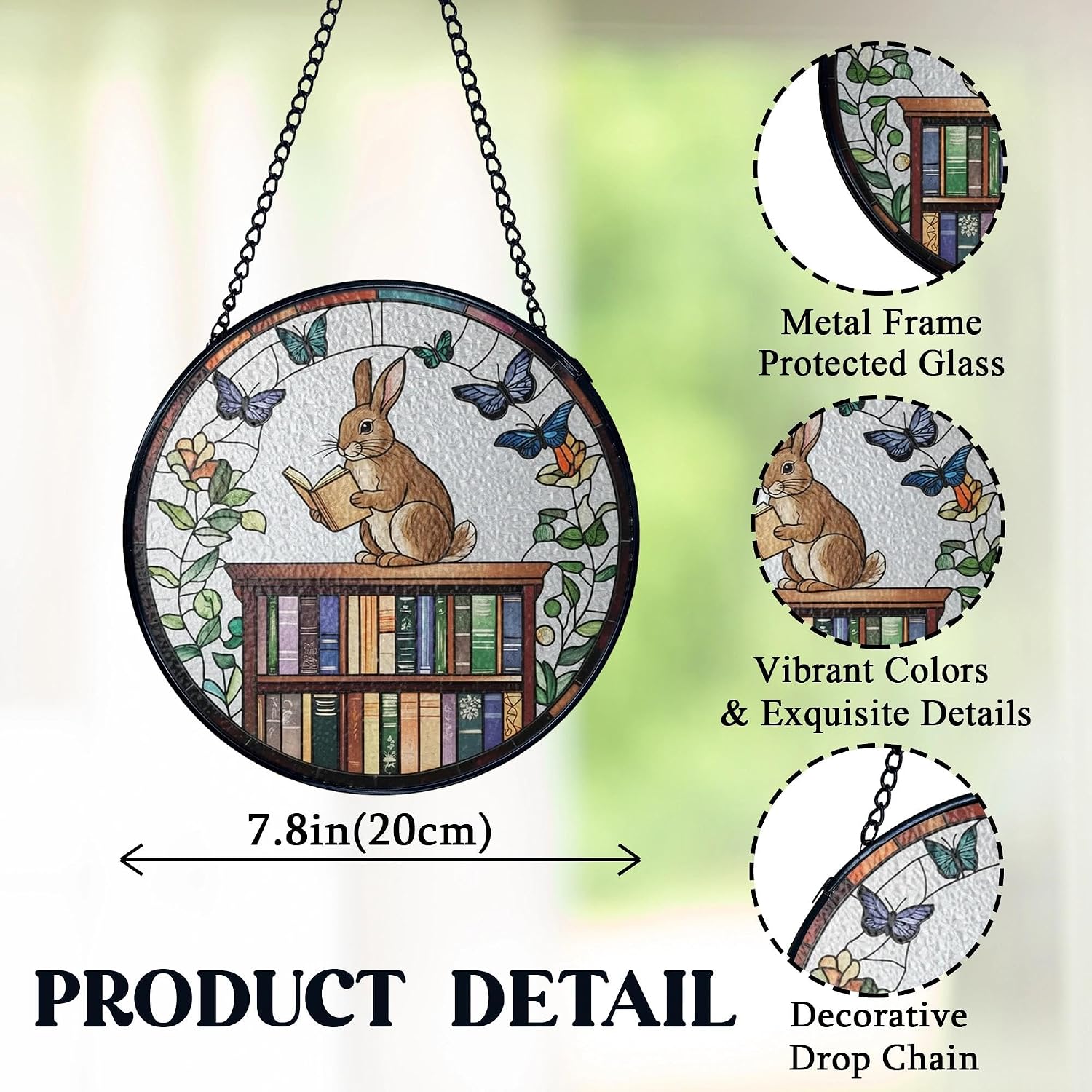 Easter Bunny Book Lovers Stained Glass Window Hanging, Book Lovers Bunny Sun Catchers Indoor Window Round Glass Wall Art Decor, Easter Rabbit Suncatcher Wall Hanging Decorations, Lawn Care