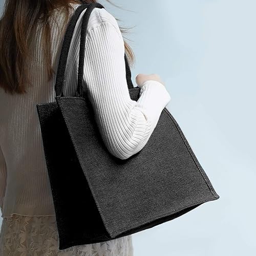 Miniatura 3 de Segarty Bolsas de mano, paquete de 3 bolsas grandes de yute de arpillera negra reutilizable, bolsa de regalo con asas, bolsa en blanco a granel para