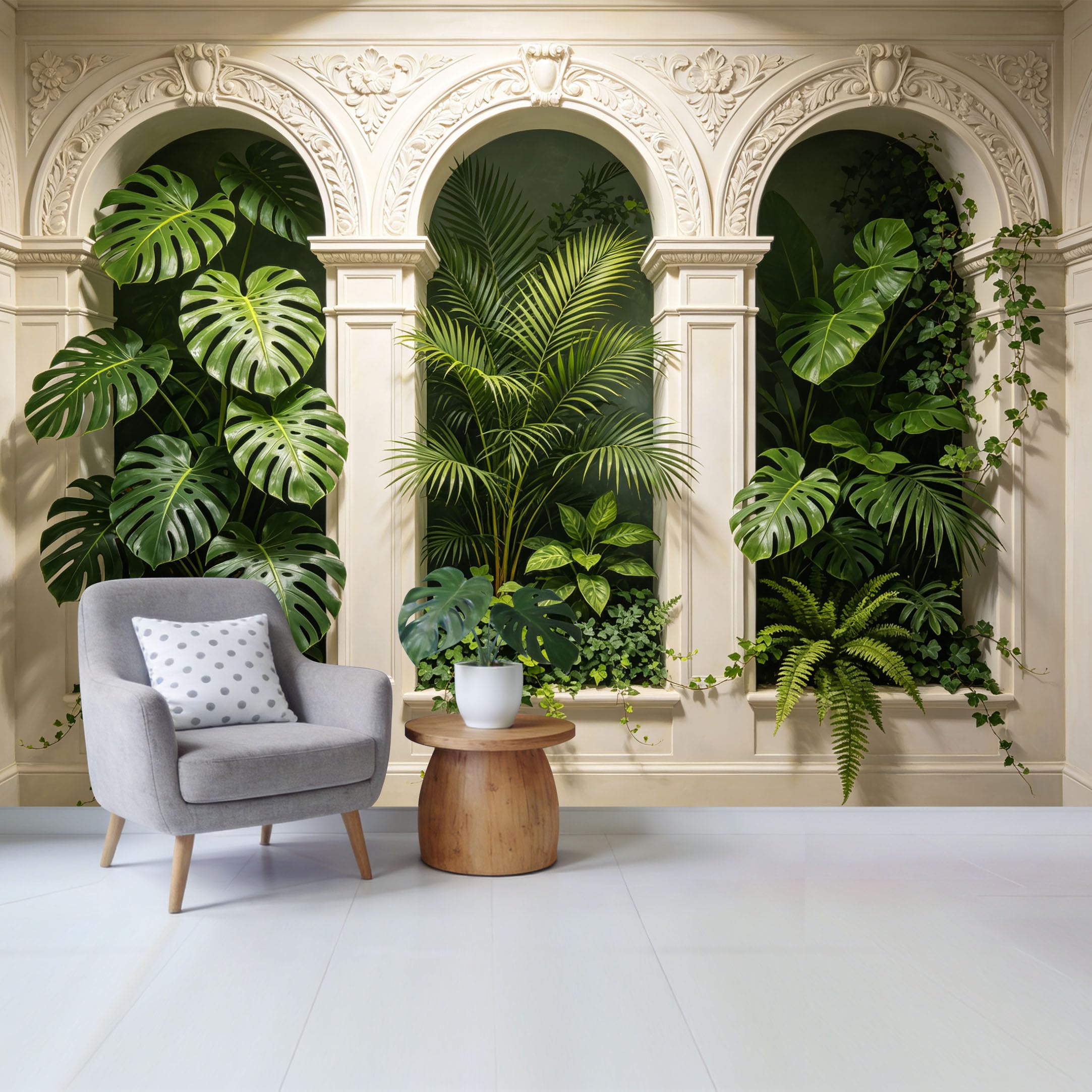 Custom Size Wall Mural Tropical Botanical Palm Leaf Arch Window 3D Textured Removable Self Adhesive Fabric Home Wall Decor for Living Room Bedroom Bathroom