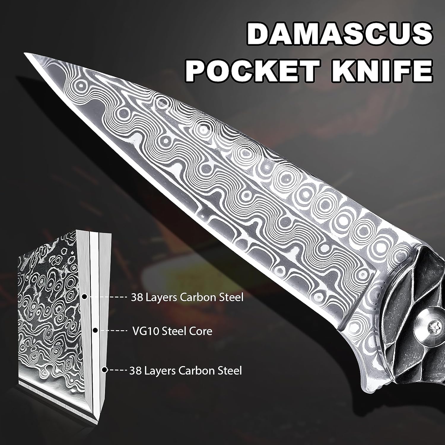 Zingbee Damascus Pocket Knife, 2.87" Damascus Blade Folding Knives with Stainless Steel Handle, EDC Knife for Camping Hiking Hunting Gift