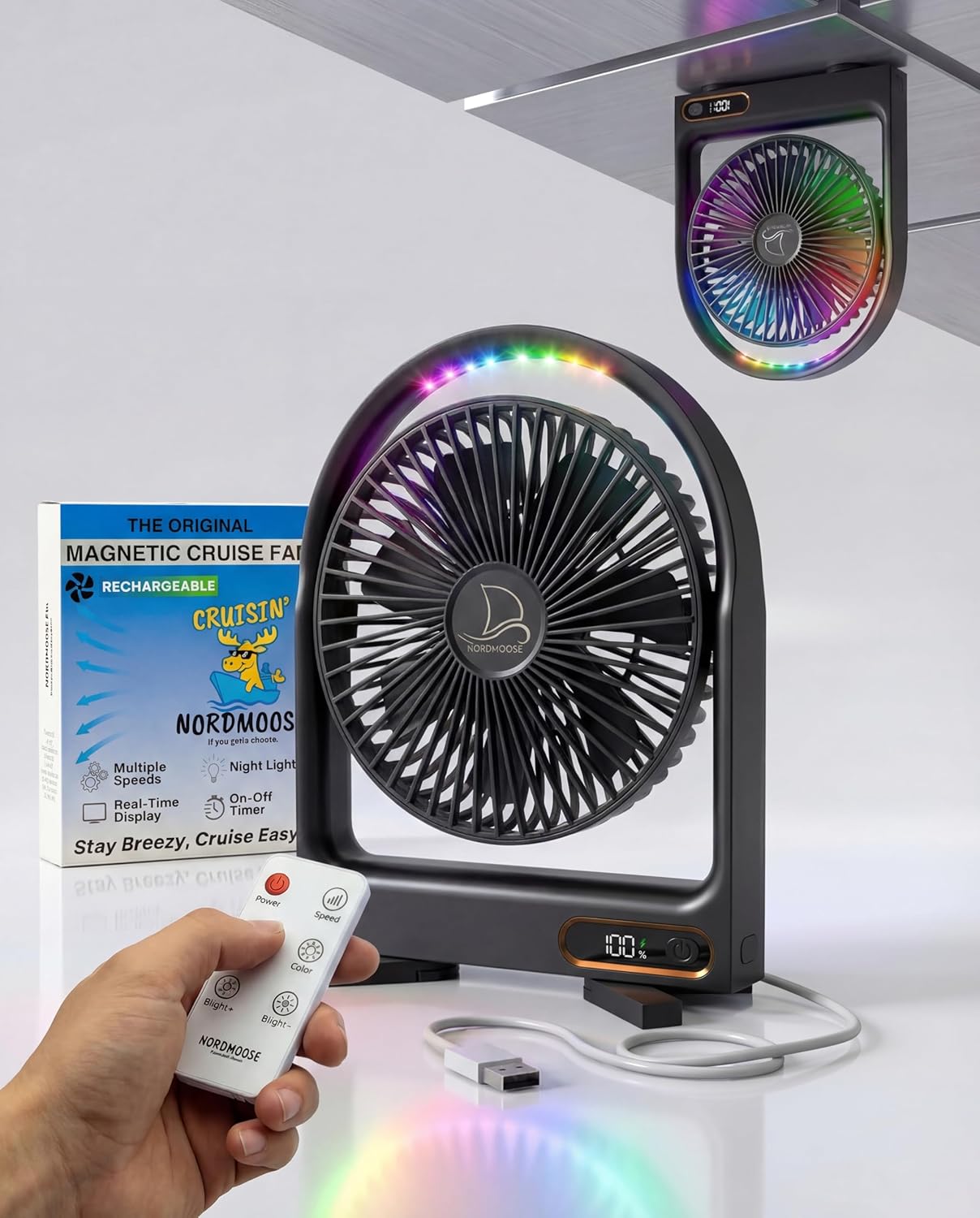 Magnetic Cruise Fan with Remote Control - Durable Rechargeable Battery, Multi-Color RGB LED Light, Sleep-Friendly Smart Display & Timer, Magnetically Sticks on Cabin Ceilings and Walls - Easy to Pack