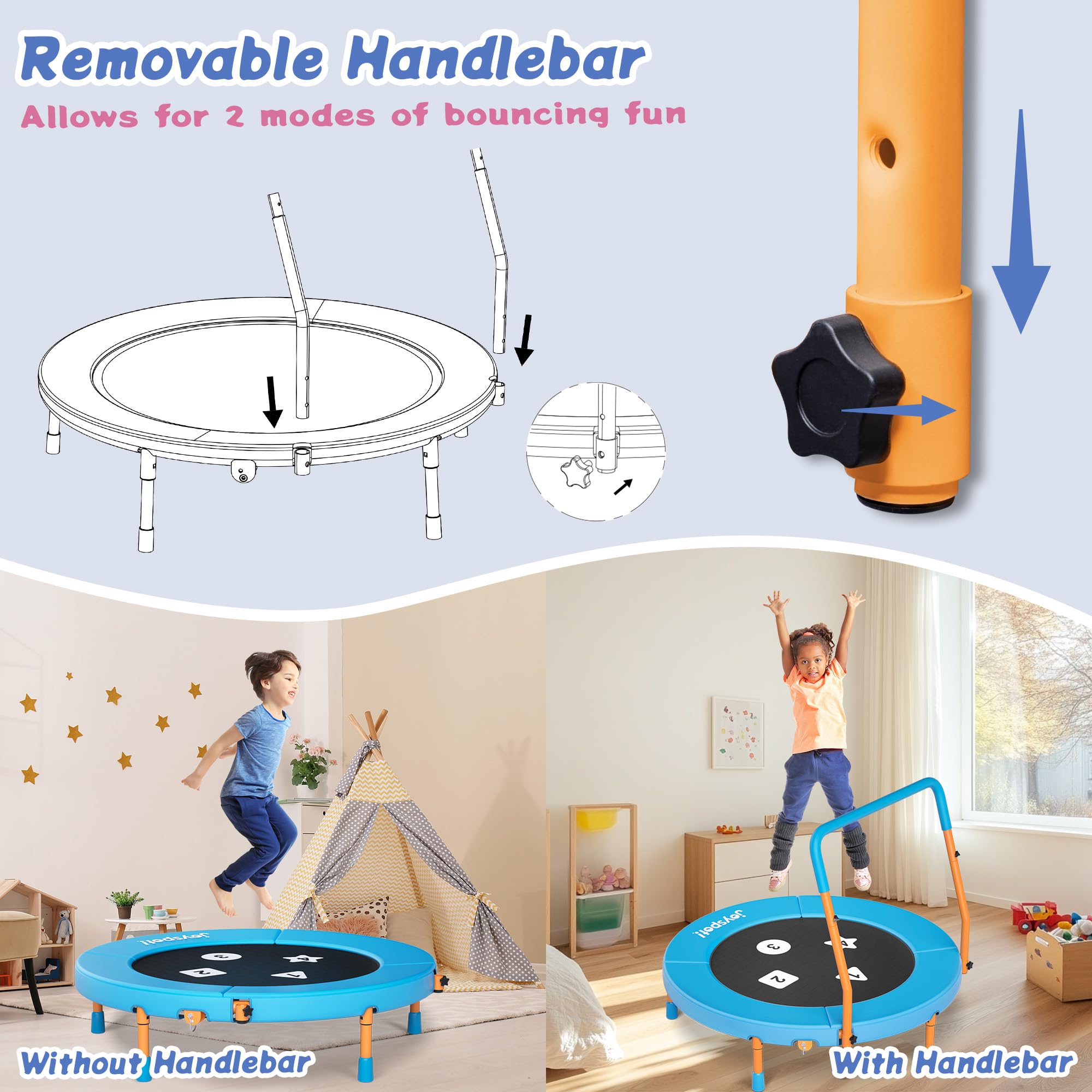 JOY SPOT! Ø91cm Trampolin Kinder Indoor, Mini Trampolin mit Verstellbarer Haltegriff, Faltbares Kindertrampolin bis 45 kg, Fitness Rebounder mit Sicherheitspolster für Kleinkind 3-12