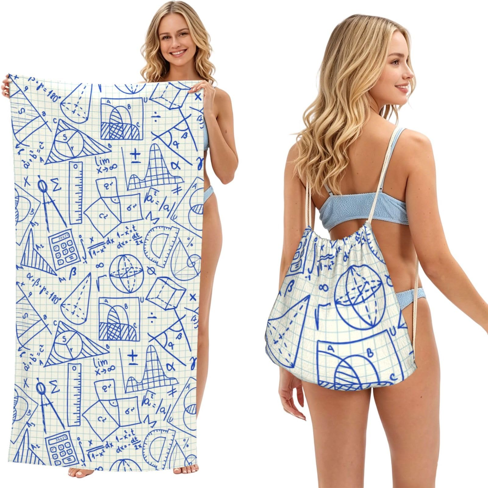 Poadnly As Picture Mathematical Pattern, 2 In 1 Packable Towel Bag, Beach Towels With Drawstring Backpack For Travel Holiday Camping