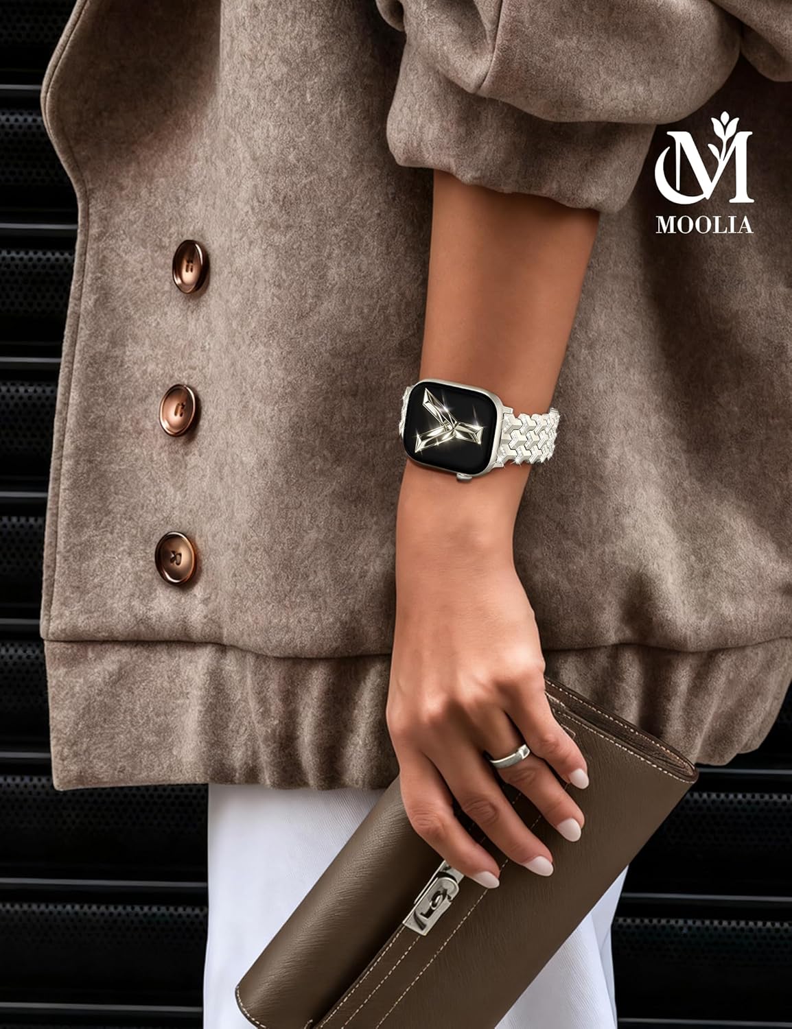 Moolia Luxury Bling Diamond Band Compatible with Apple Watch 42/41/40/38/46/45/44/49mm，Y-Shaped Metal Link with Crystals Women Replacement for iWatch Series 11 10 9 8 7 6 5 4 3 2 1 SE/Ultra(1/2/3)