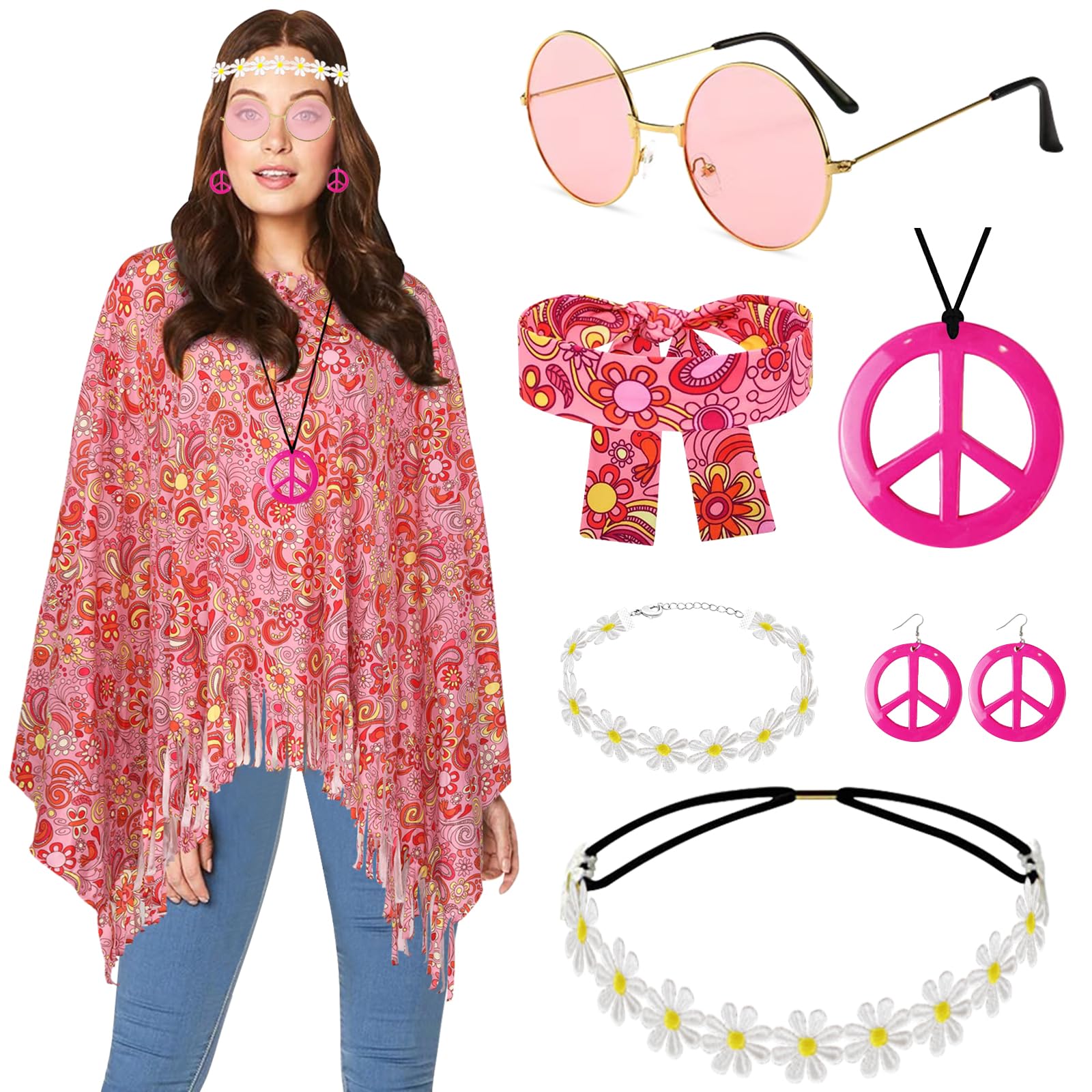 YADODO Hippie Costumes Women Hippie Wigs Teen Girls Boho 70s Costume 80s Accessories 60s Retro Festival Outfit - Sunglasses Peace Necklace Headband- Rock Retro Disco Fancy Dress (B)