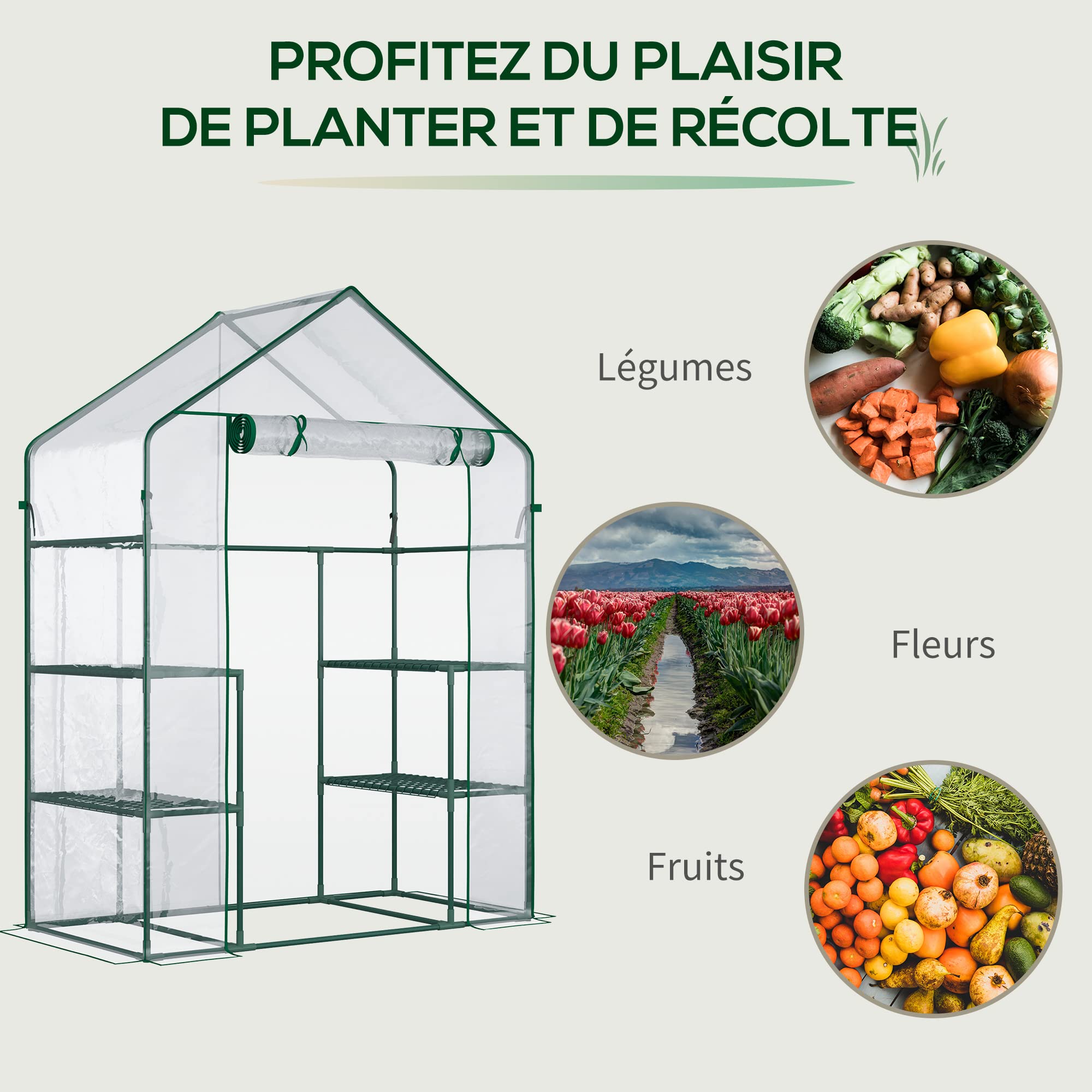 Outsunny Serre de Jardin avec étagère 4 Niveaux 142 x 73 x 195 cm Plastique Haute densité 140 g/m² Anti-UV avec Porte déroulante Transparent Vert